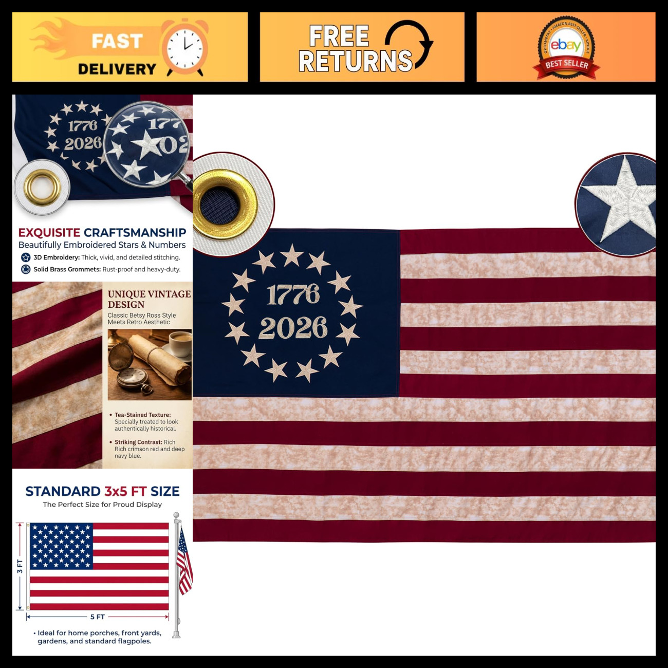 Vintage 250th Anniversary USA Flag 3x5 ft, Heavy Duty Cotton, Embroidered 13 Sta