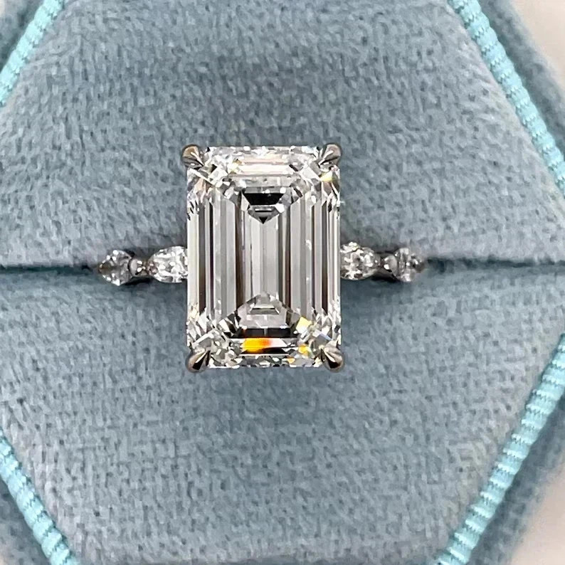 4.69CT Emerald Cut Lab Grown Diamond Solitaire Engagement  Ring 14k White Gold