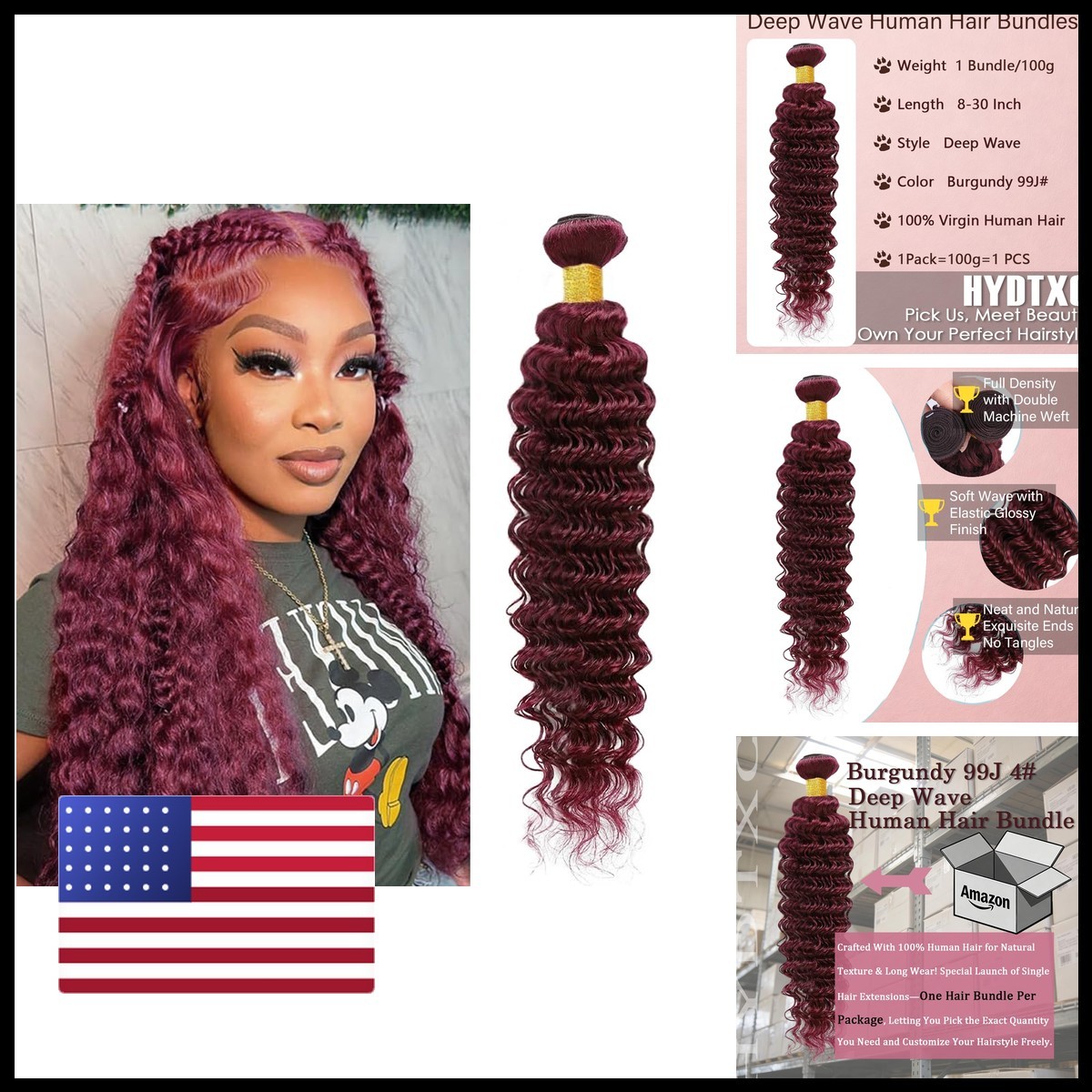Hydtxc Single Hair Bundle Deep Wave 24 Inch Burgundy 99J Brazilian Virgin Hair