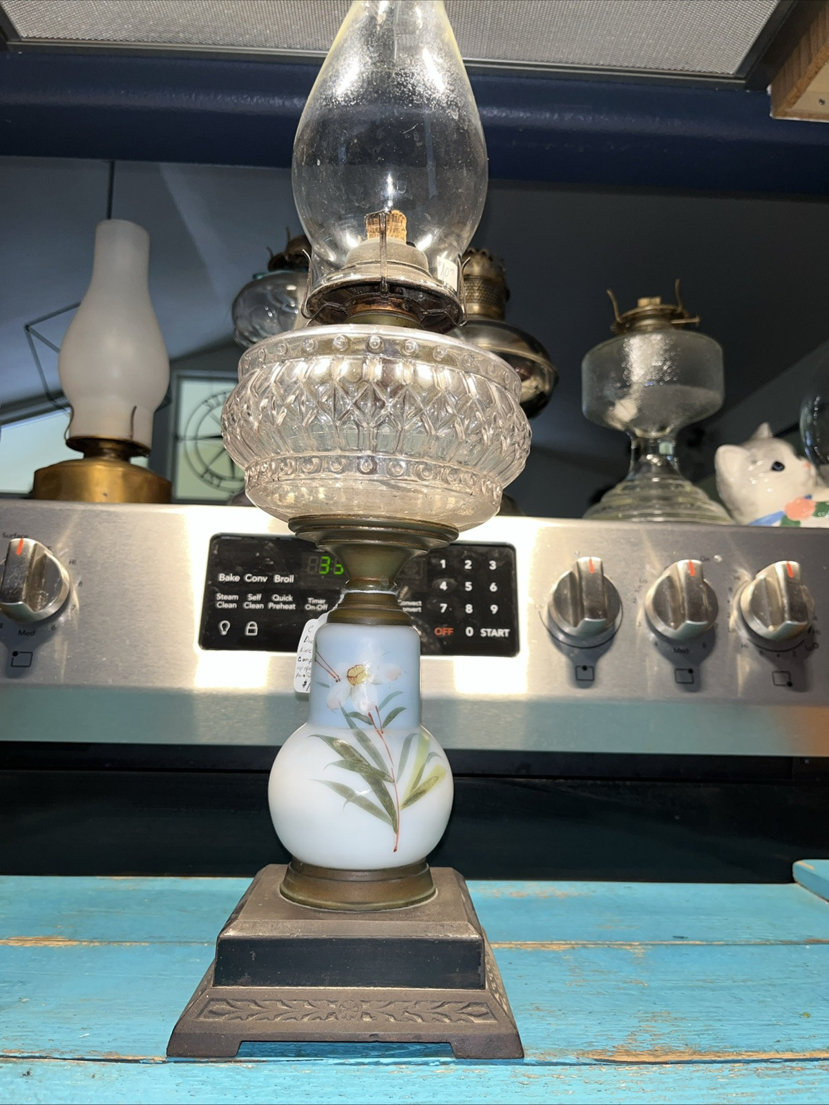 C 1870 Diamond In Line Front Composite Lamp W/ Opaque Hand Painted Glass Stem