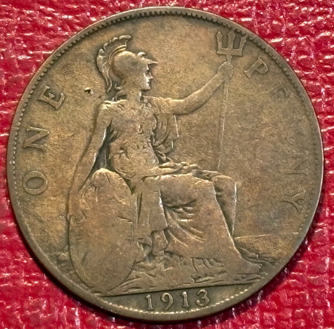 VINTAGE FINE DETAILS  1913 GREAT BRITAIN ENGLISH  PENNY COIN-CLEANED-DEC102