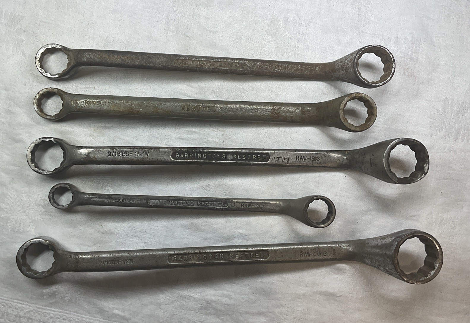 5 vintage Garrington Kestrel ring spanner wrench tool 9/16 1/2 7/16 5/8 3/8 5/16