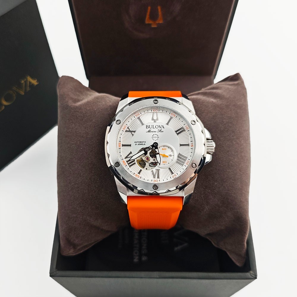 Bulova 98A226 Marine Star Silver Dial Orange Silicon Starp Men\'s 45MM Watch NEW