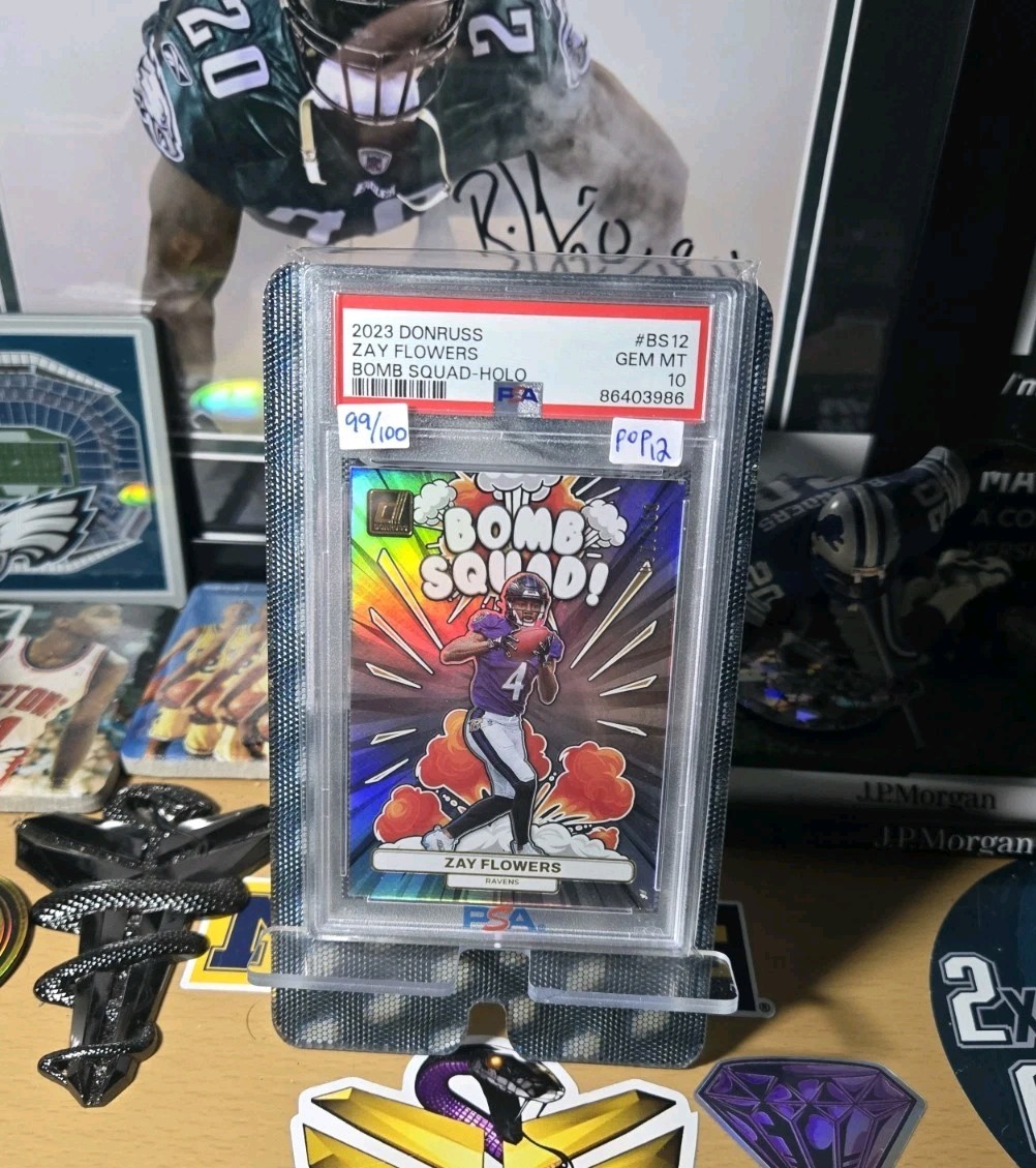 Zay Flowers 2023 Panini Donruss - Bomb Squad Holo /100 Rookie (RC)#BS-12 PSA 10 Zay Flowers 2023 Panini Donruss - Bomb Squad Holo /100 Rookie (RC)#BS-12 PSA 10
