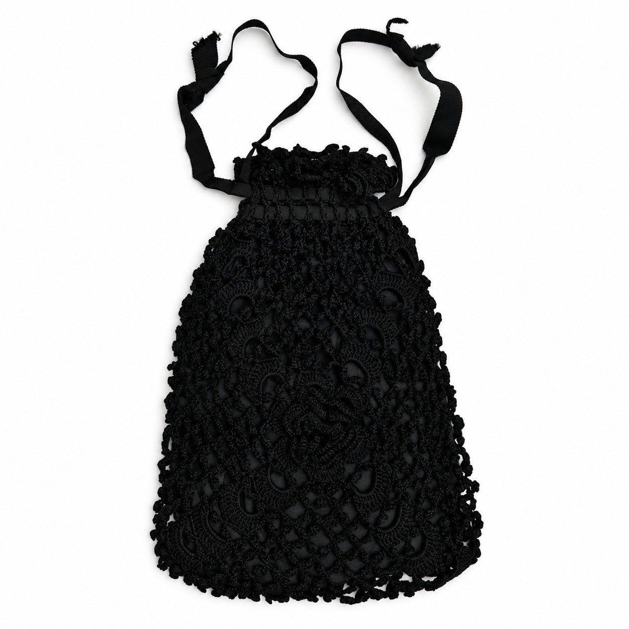 Antique 1910s 1920s Black Crochet Reticule Silk Lined Floral Evening Purse