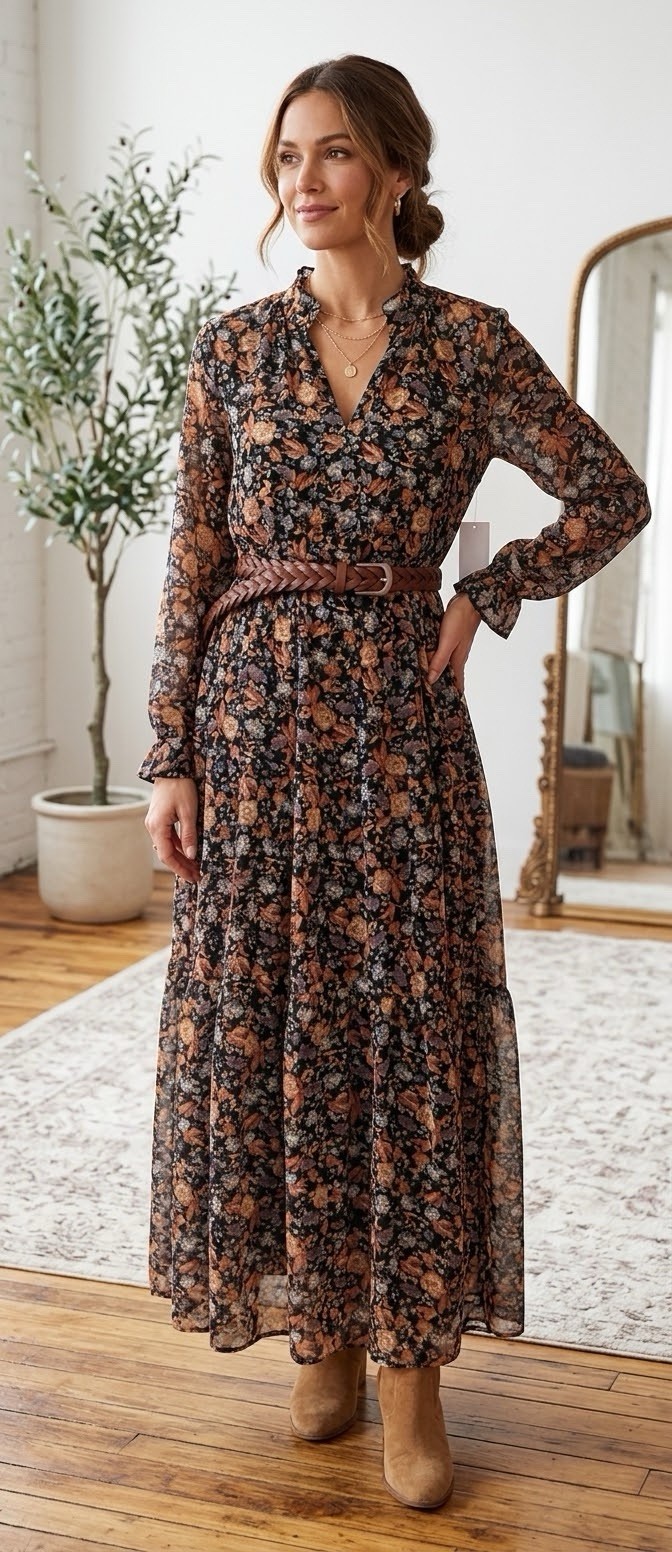 1. State Women\'s Floral Long Sleeve Maxi Dress - Black and Brown boho medium 1. State Women\'s Floral Long Sleeve Maxi Dress - Black and Brown boho medium