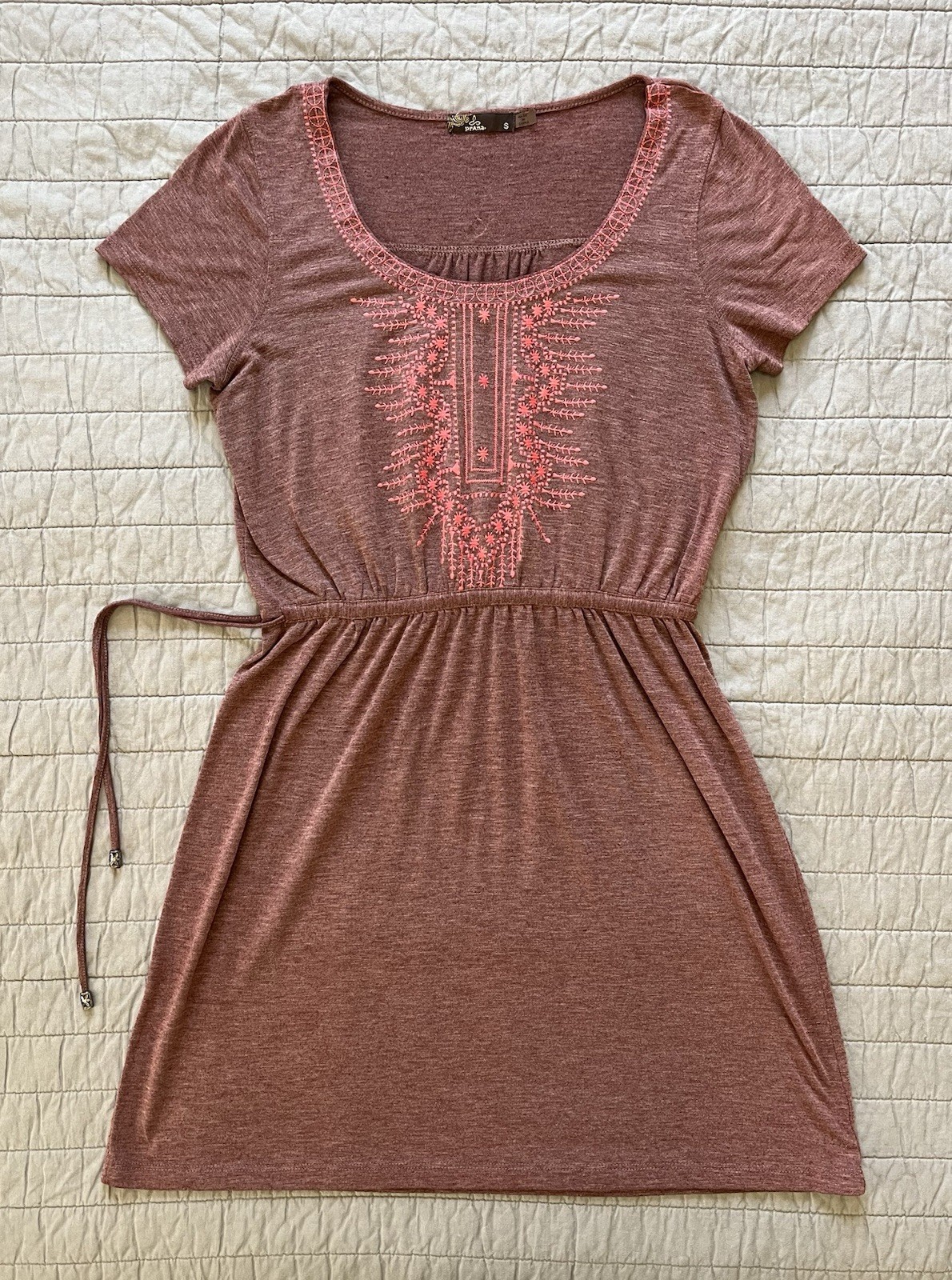Prana Living Bess Dress Embroidered Plum Purple Pink Draw String Waist, Small