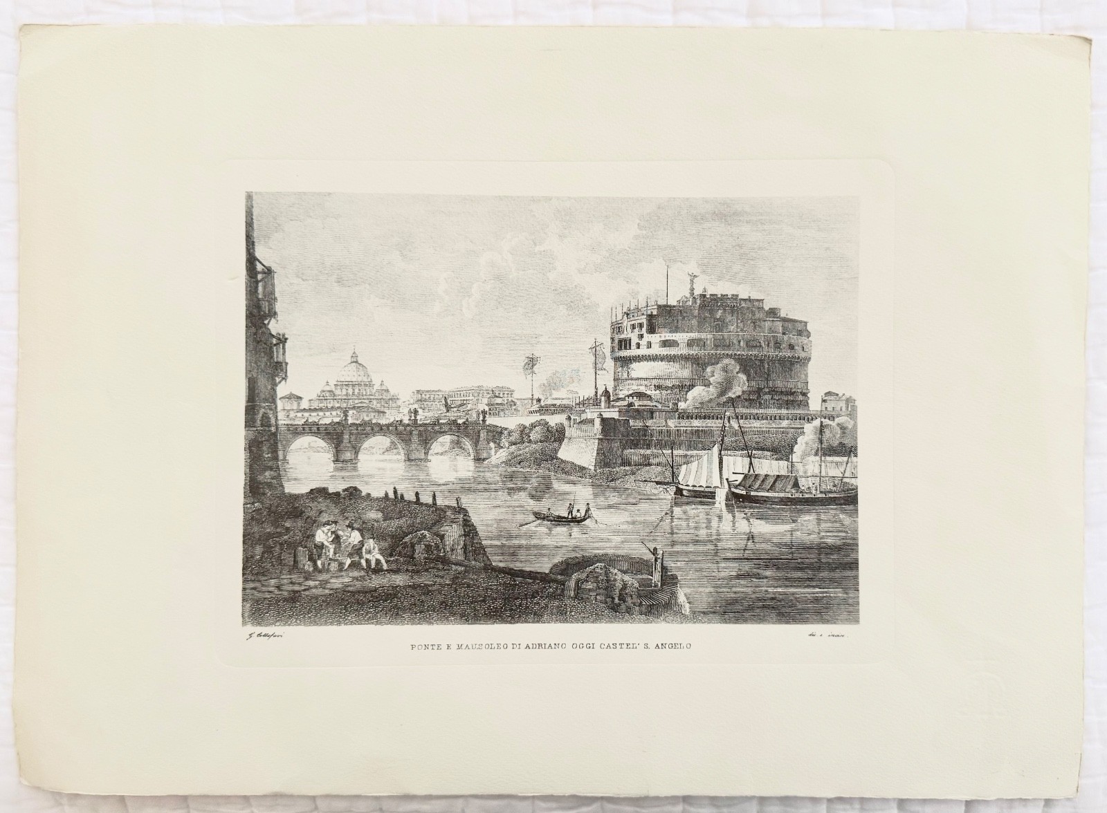 Original 19th Century Antique Print Castel Sant Angelo Rome Blind Stamp