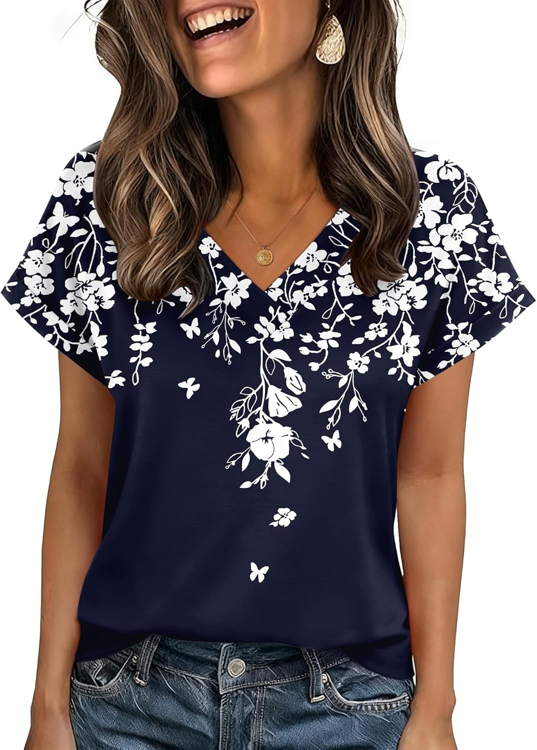 Womens Summer V Neck Shirts Rolled Short Sleeve Casual Dressy Work Blouses Tops