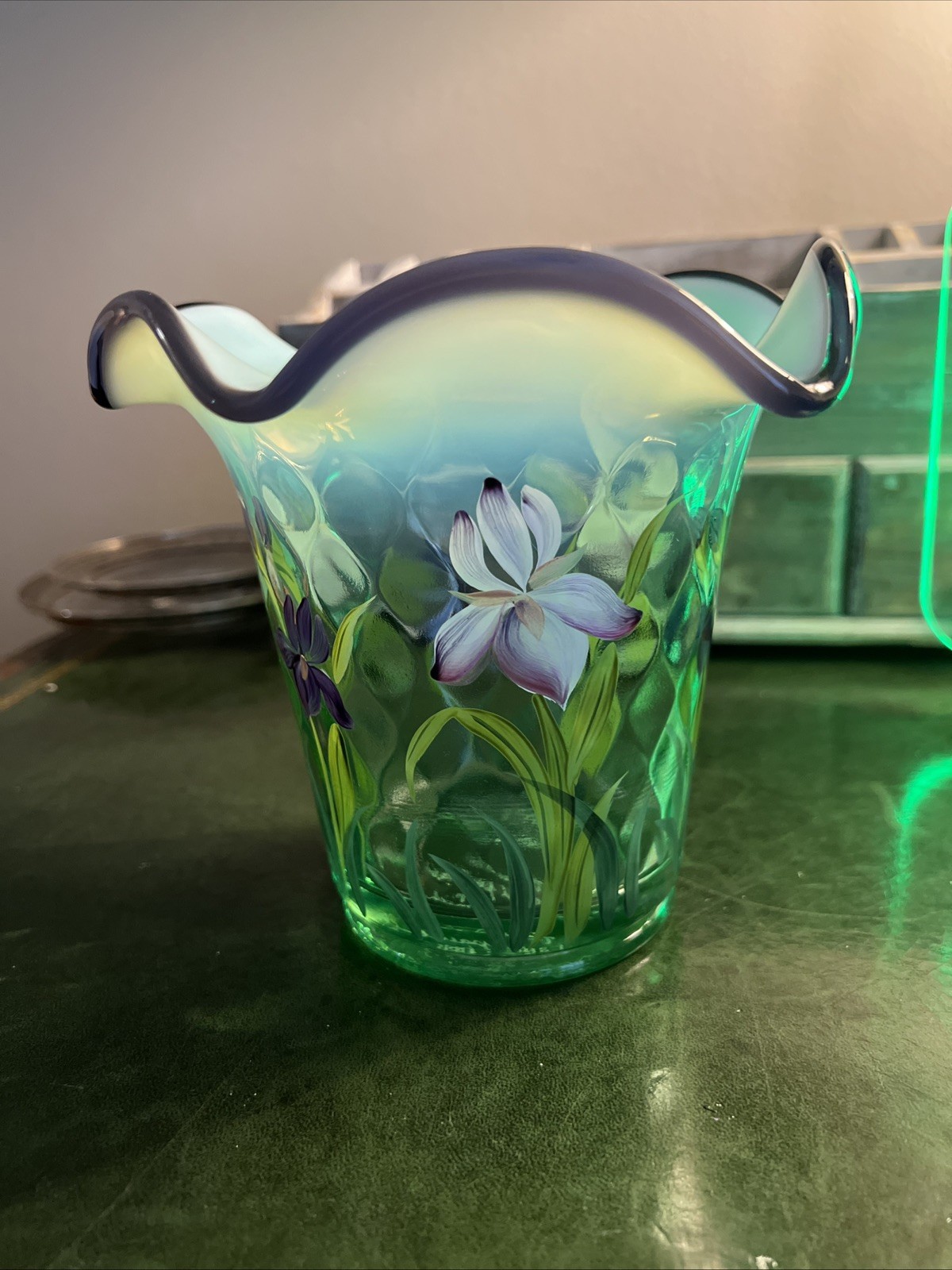VTG Fenton Designer Hand Painted Floral Green Vase with Blue Ruffled Rim