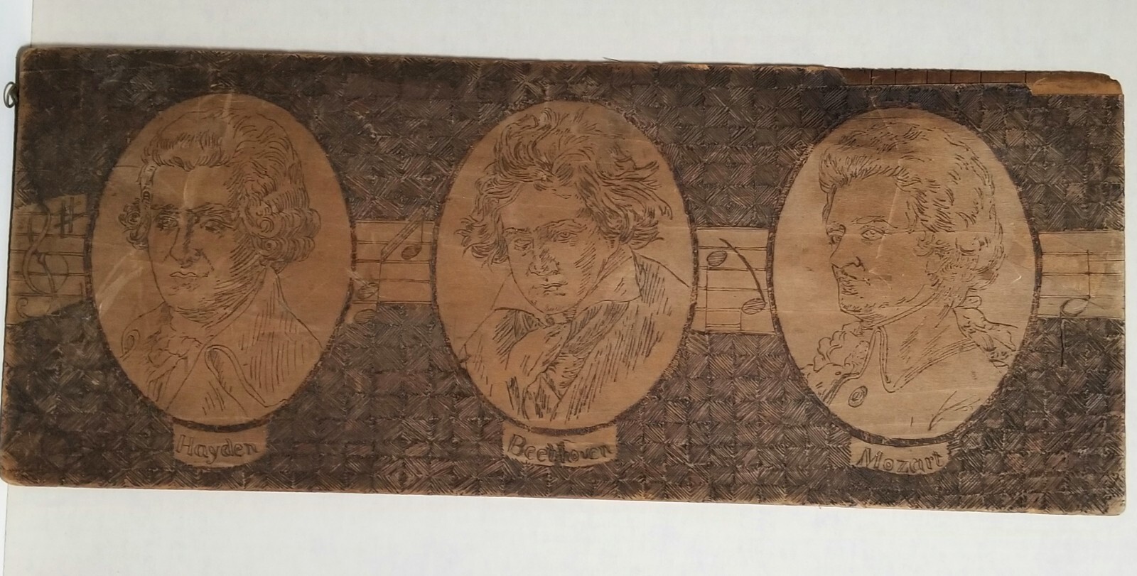 1880s MOZART BEETHOVEN Hand Engraved Pyrography ANTIQUE Artisan Wood Sign vtg 1880s MOZART BEETHOVEN Hand Engraved Pyrography ANTIQUE Artisan Wood Sign vtg