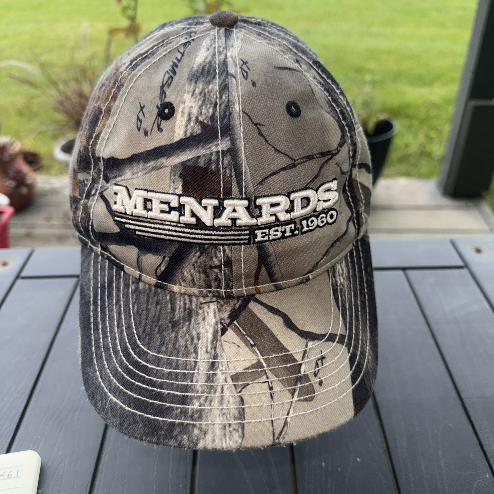 Menards Est 1960 Camouflage w white black hat Cap Hook Loop EUC
