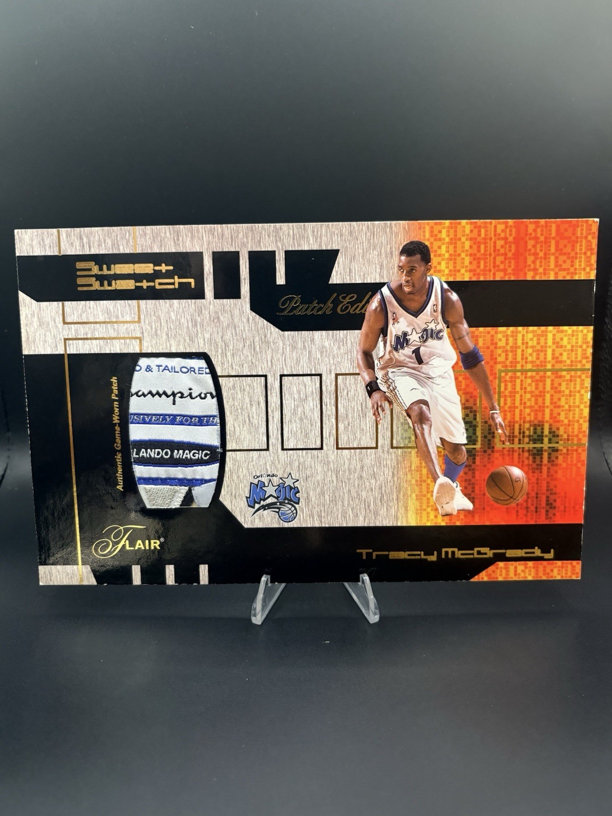 2002-03 FLEER FLAIR JUMBO TRACY MCGRADY GAME WORN LAUNDRY TAG PATCH /20 MAGIC