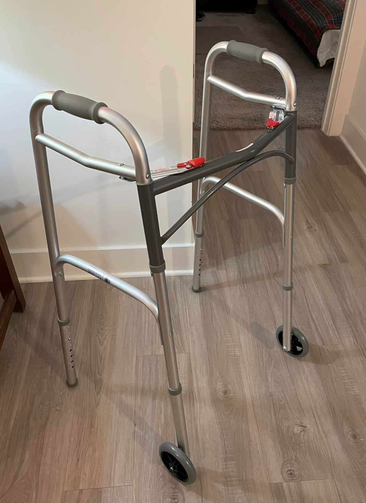 Medical Two-Button Folding Walker w/Wheels Lightweight Silver Therapy New.