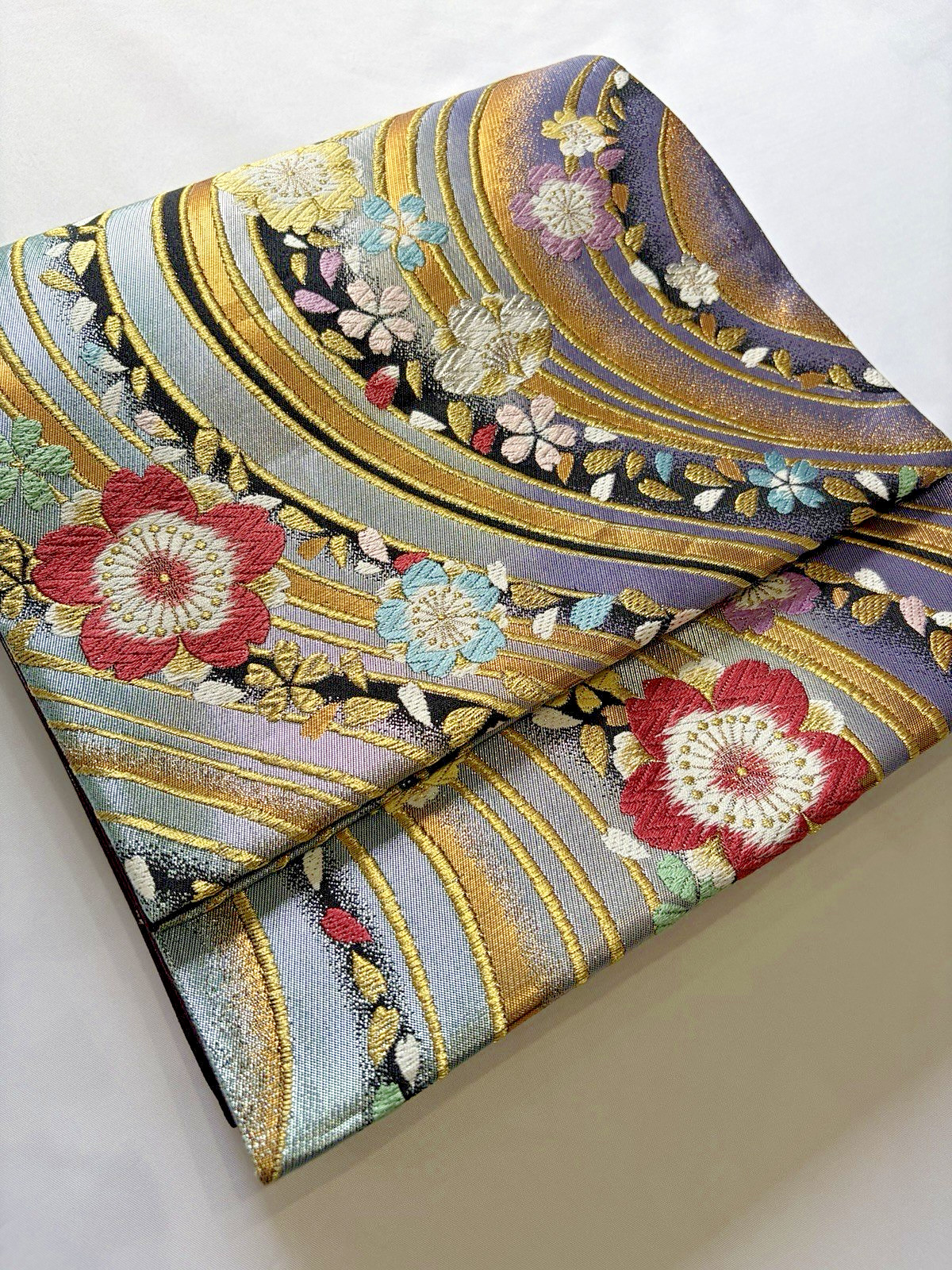 Japanese Fukuro Obi Gold Floral Brocade Purple Green Kimono Belt Vintage Japan