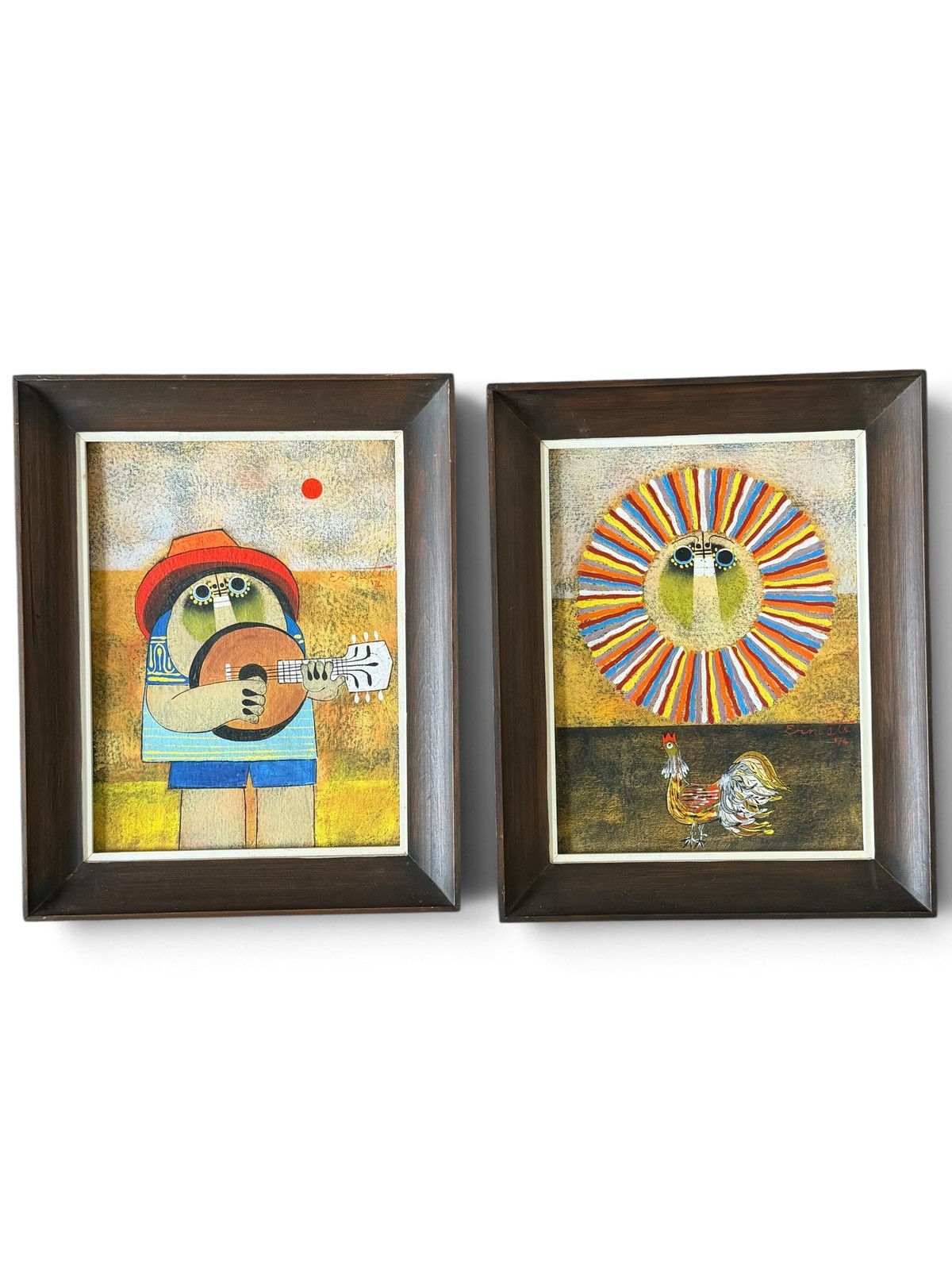2 Vtg 70s Framed folk Art Paintings Signed Ernesto 1974 1976 Guitar Sun Rooster