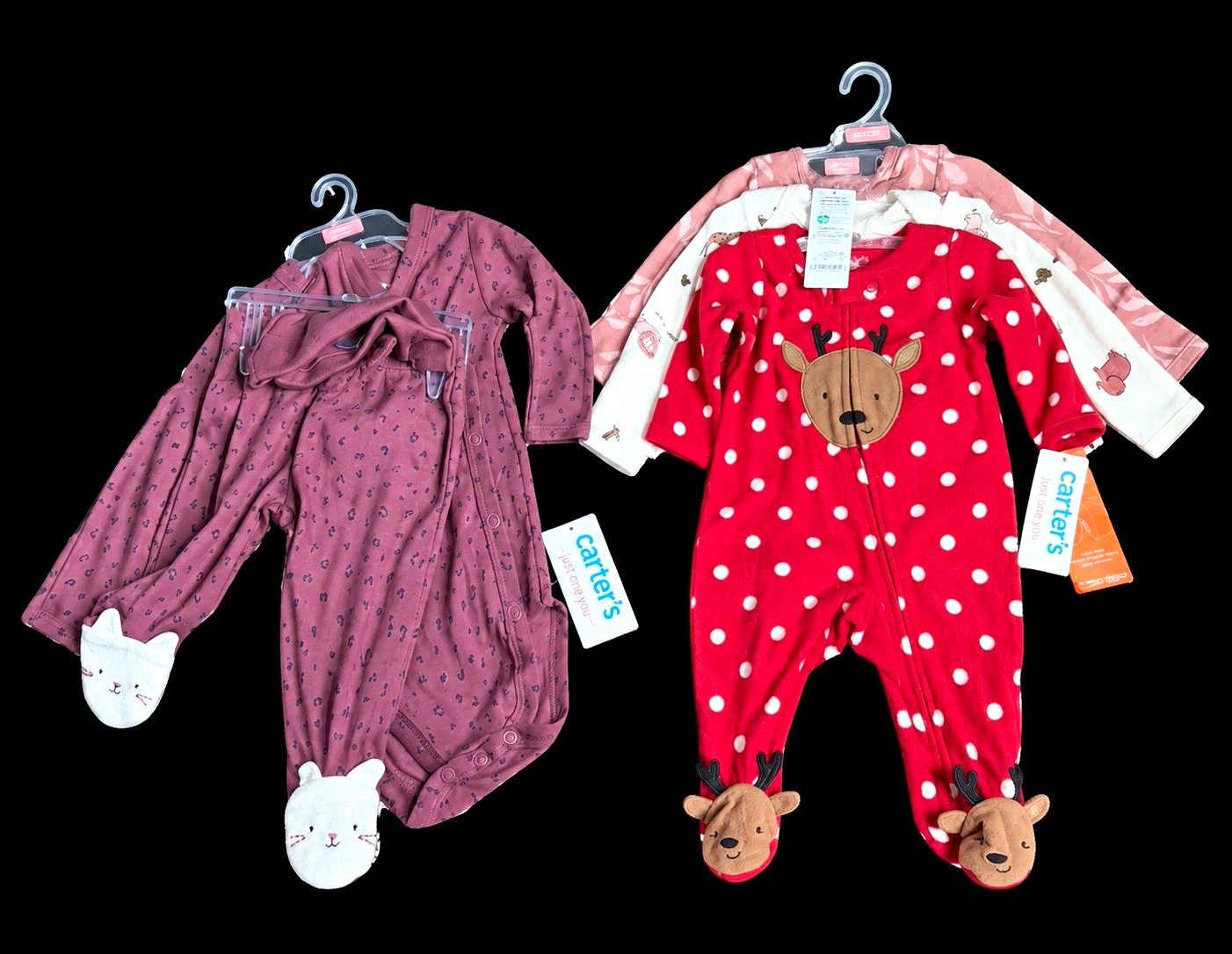 Carter\'s Newborn 3pc Footed Fleece Cotton Sleeper Set Zip Cat Reindeer