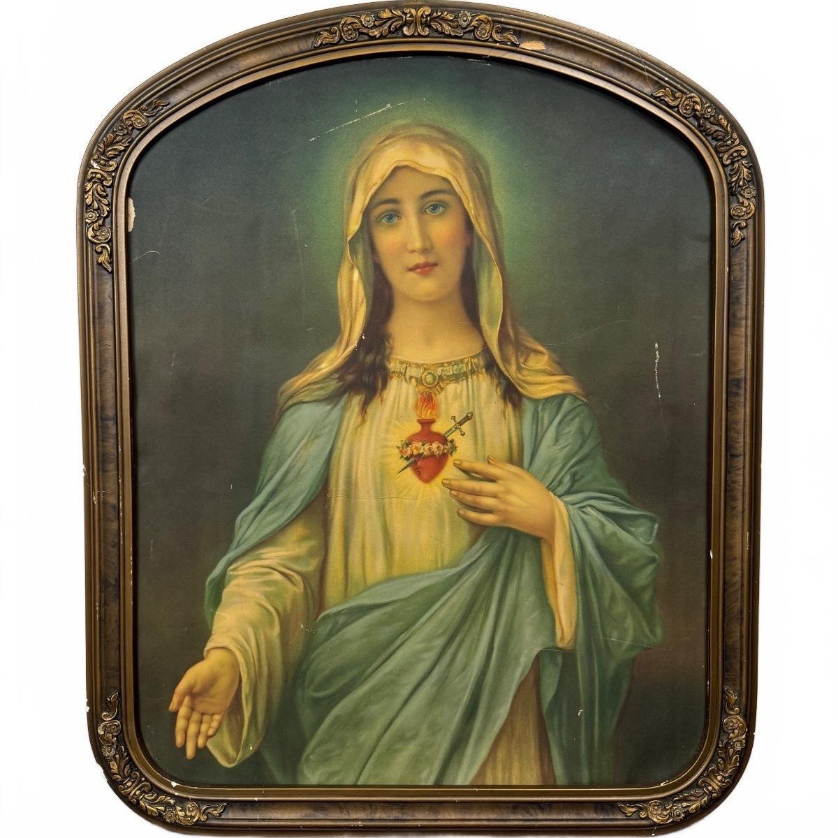 Vintage 1930s Immaculate Heart of Mary Framed Religious Print 22x18 Catholic Art