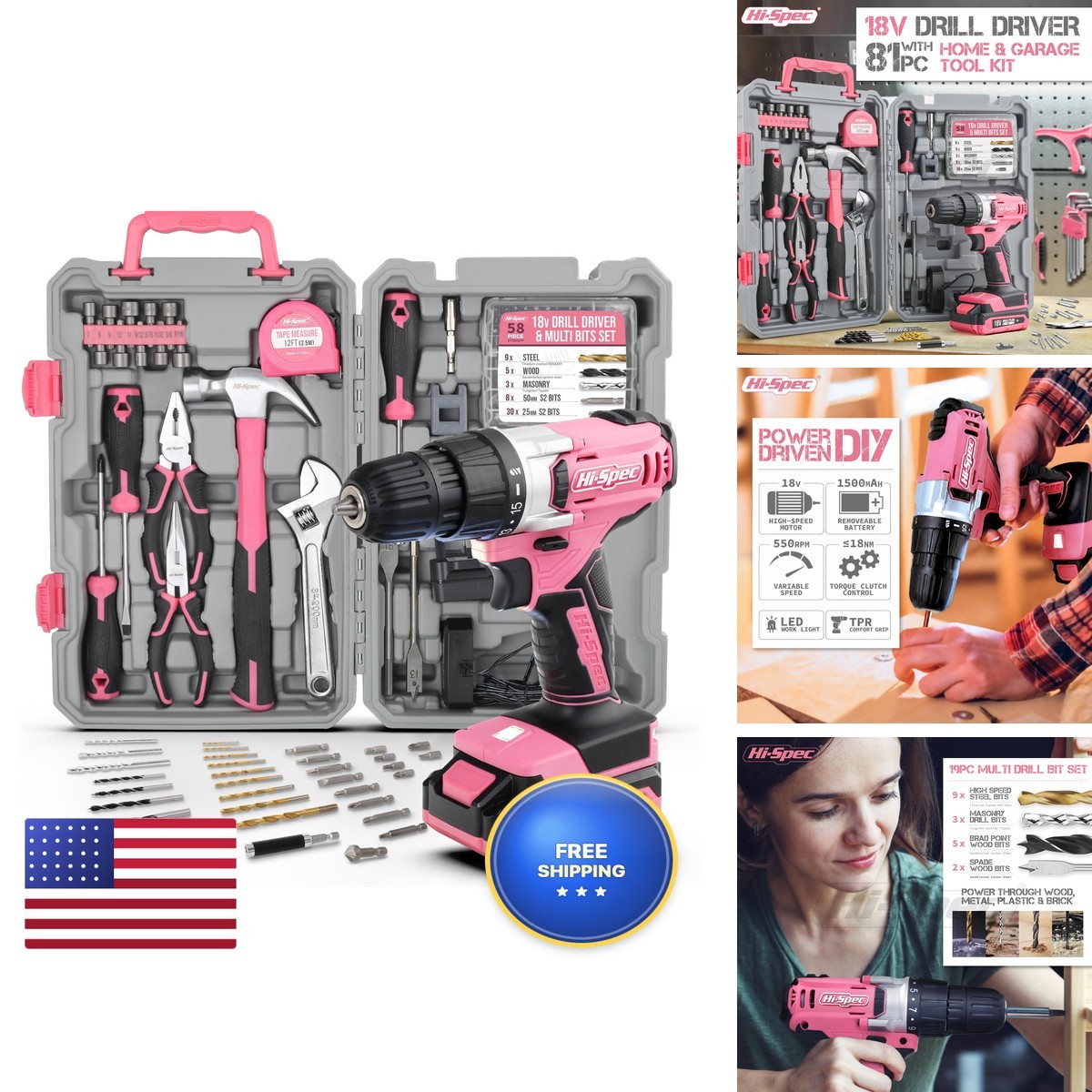 Hi-Spec DT30335P 18V Cordless Drill Tool Set, Pink Hi-Spec DT30335P 18V Cordless Drill Tool Set, Pink