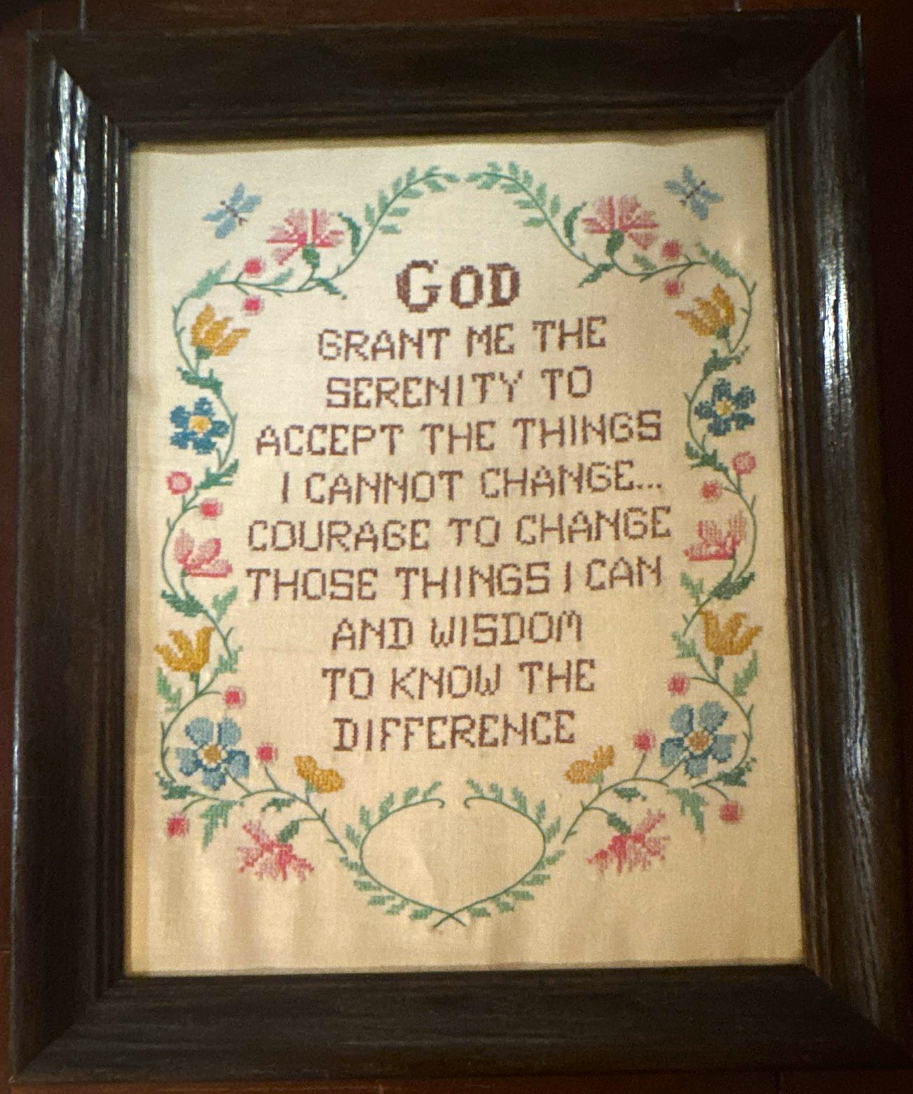 Vintage 1976 Framed Serenity Prayer Cross Stitch Sampler Bucilla 8752 Floral Art