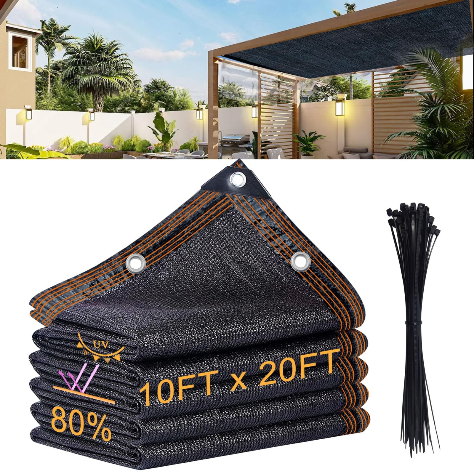 Lianxuia 10x 20ft Garden Shade Cloth, 80% Black Mesh Tarp with Reinforced Gromme