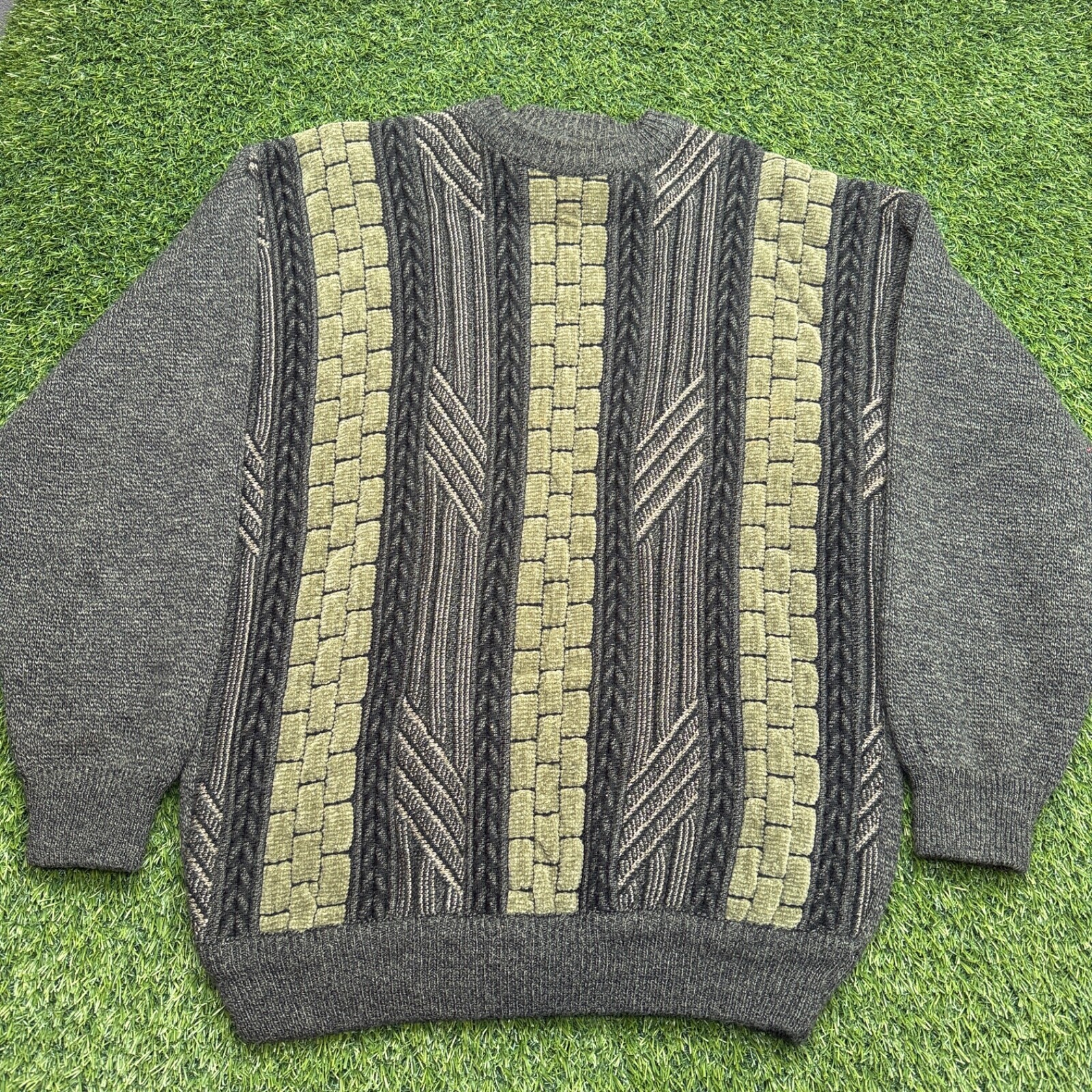VTG 90s Sweater Geometric Mens Large L Gray Cable Knit VTG 90s Sweater Geometric Mens Large L Gray Cable Knit