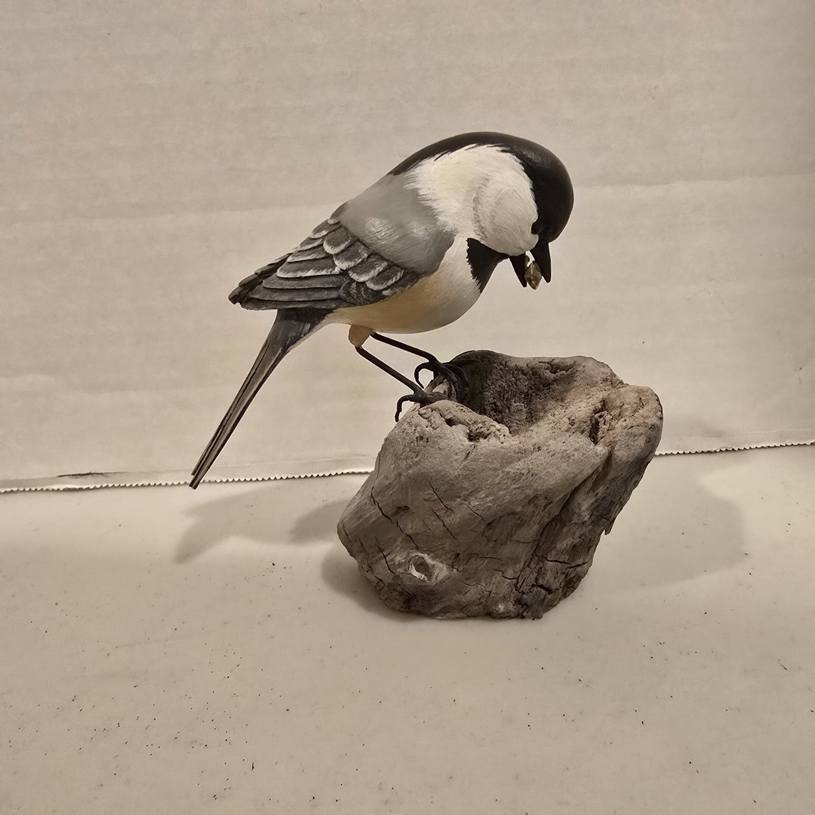 Vintage Hand Carved Wood Chickadee Bird Folk Art Signed Detailed