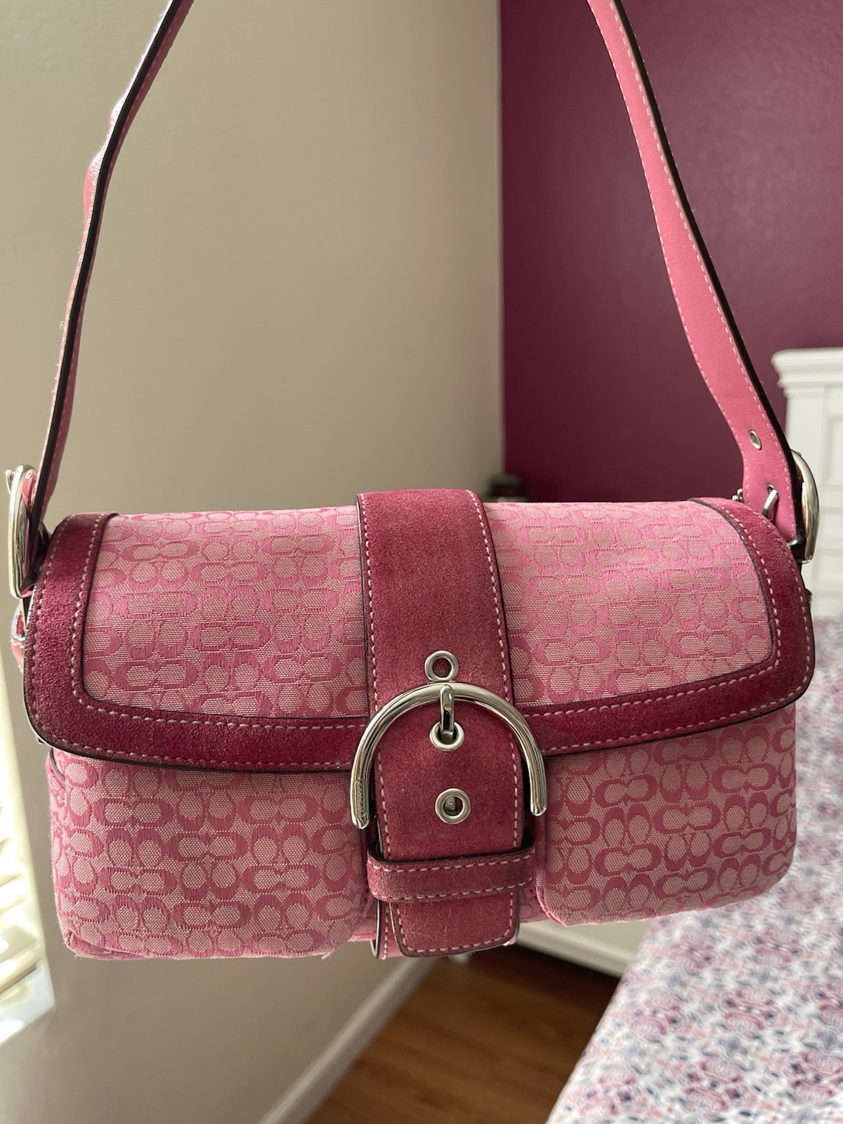 Coach Soho Shoulder Hobo Bag Handbag Signature Canvas Leather Suede Pink 1444