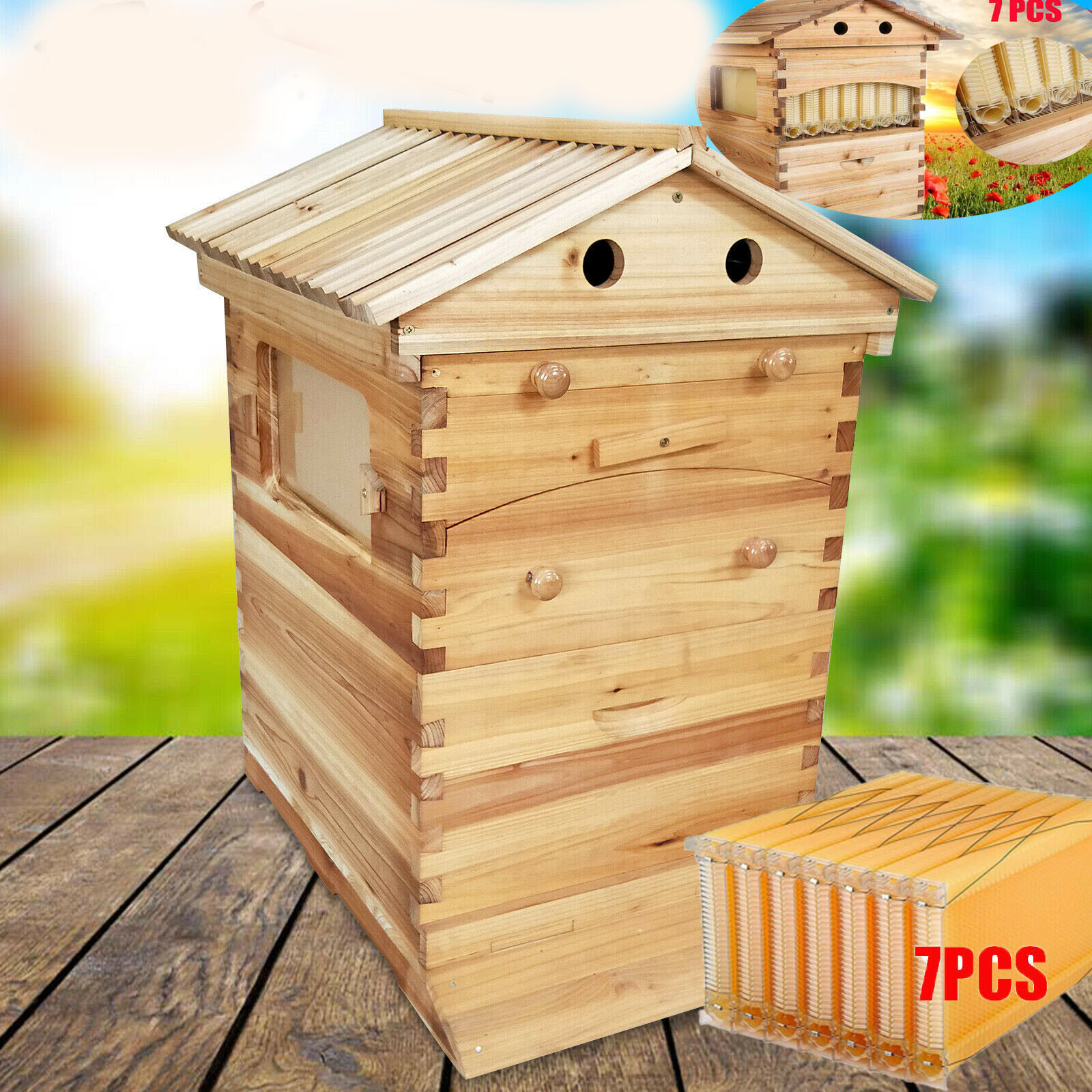 7PCS Auto Oozing Beehive Frames + Beekeeping Box Bee House Fir Wood Brood Super