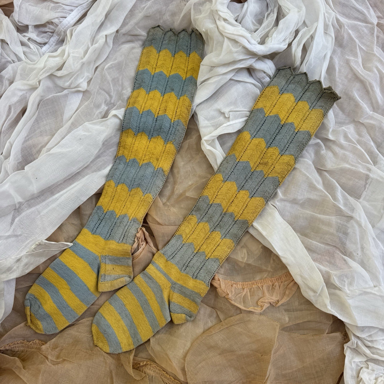 Antique Victorian Knit Striped Stockings Socks Yellow & Blue Knitwear Vintage