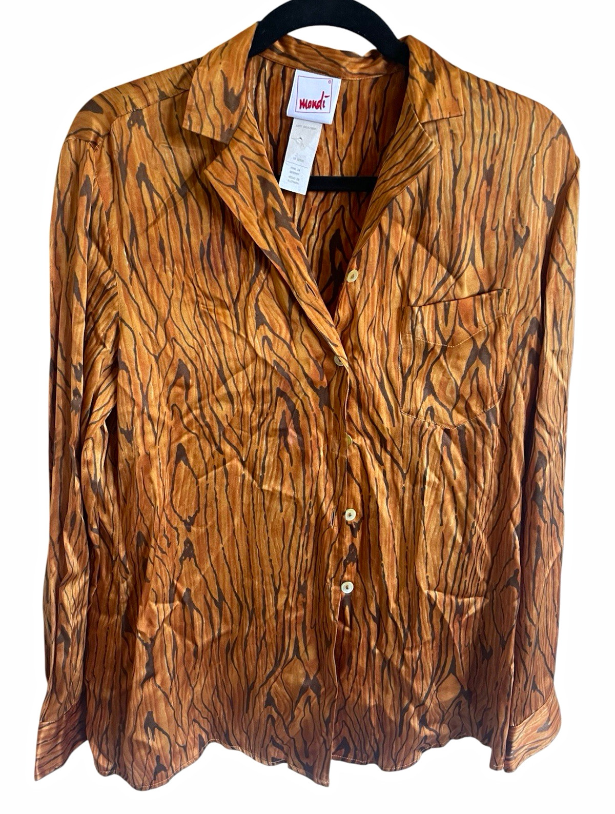 Vintage Mondi Wood Grain Print 100% Silk Satin Collared Button-Down Blouse M