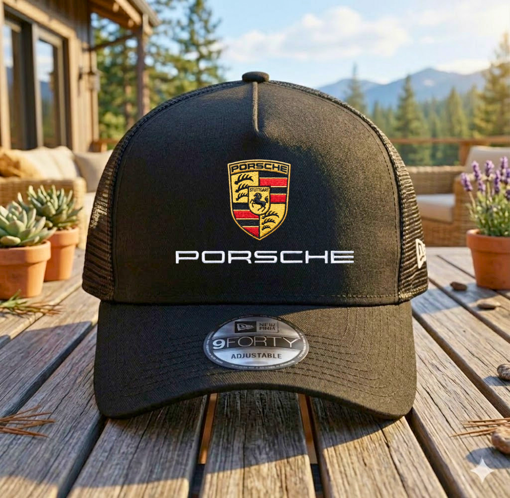 Black Mesh Porsche Racing Trucker Hat Embroidered Logo Racing Cap