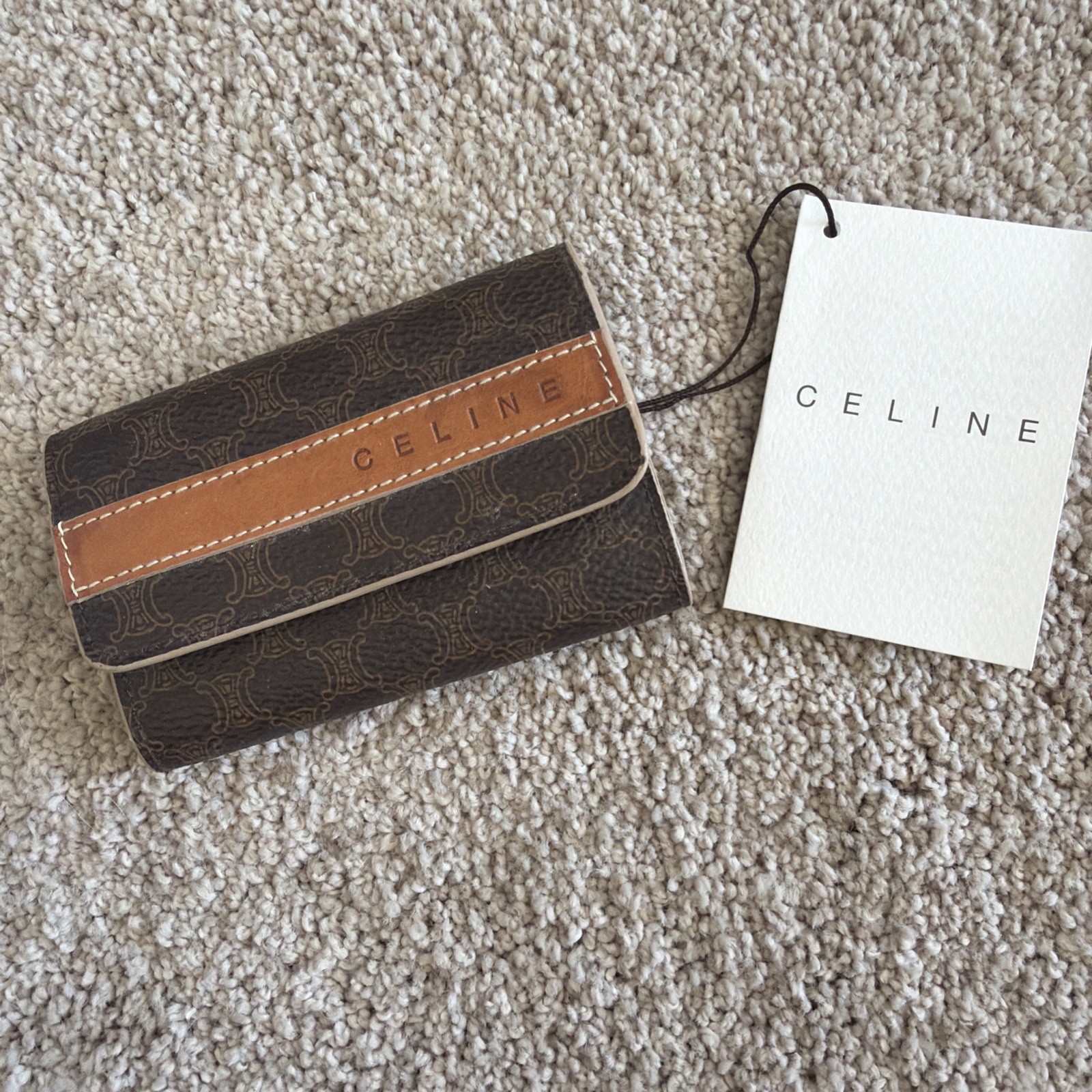 CELINE Brown Macadam 6 Ring Key Holder Pony-Style Calf Skin Cloth CE00/12