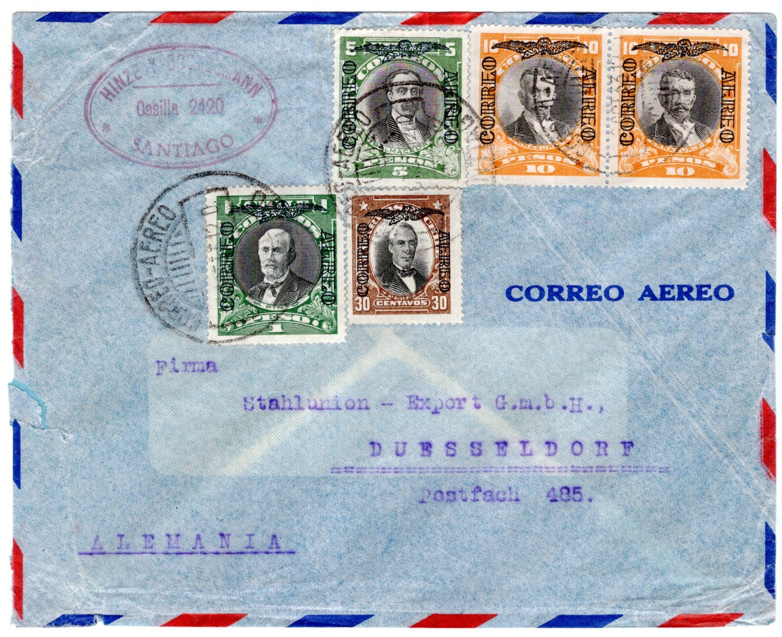 CHILE, AIR MAIL COVER TO GERMANY, 1933, FANTASTIC POSTAGE