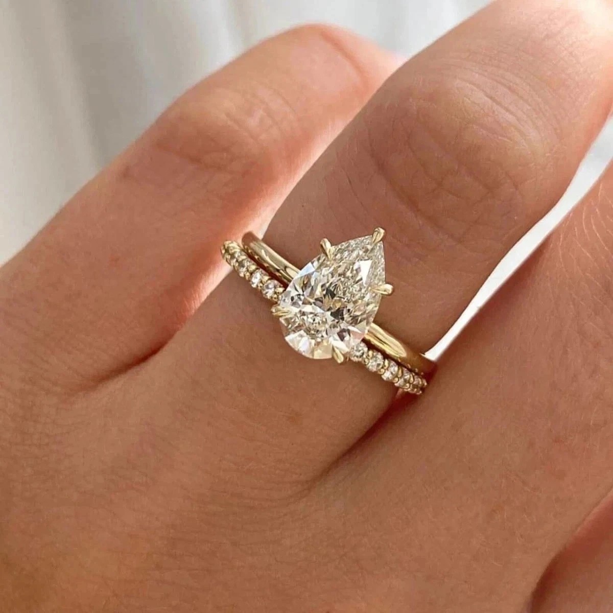 Moissanite Bridal Set Engagement Ring 2.50 CT Pear Cut Solid 14K Yellow Gold FN