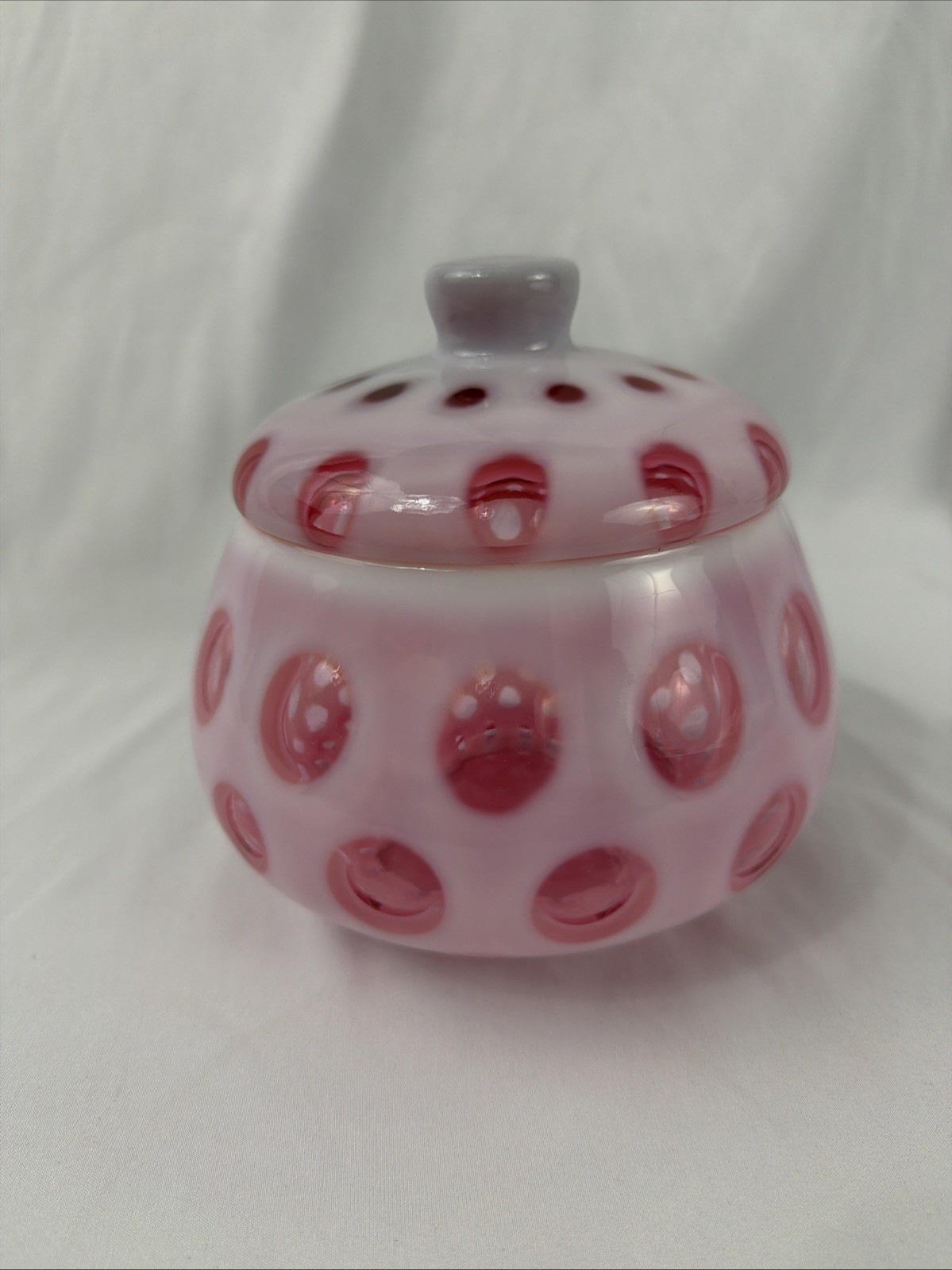 Vintage Fenton Cranberry Opalescent Coin Dot Large Covered Candy Jar Glass 6.25”