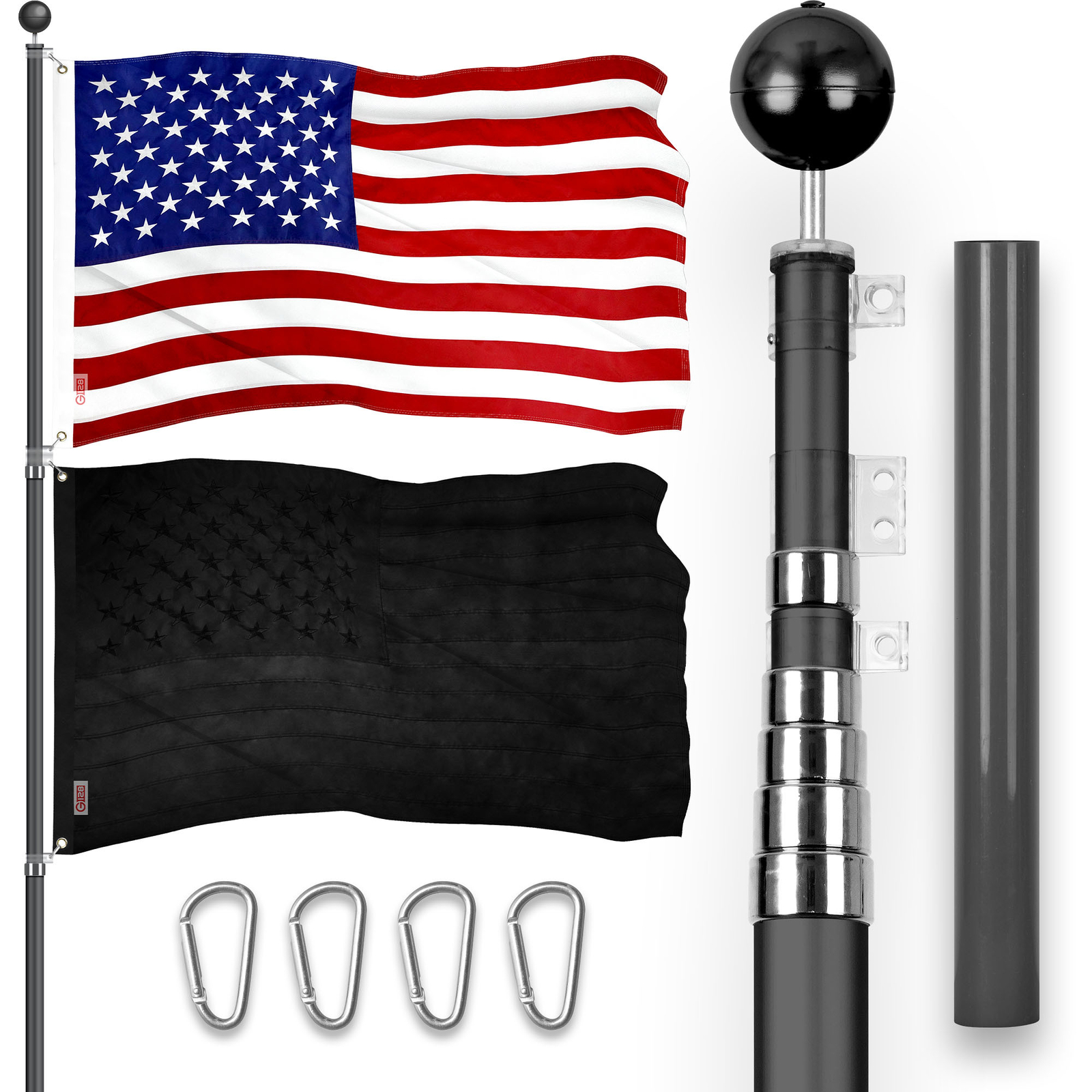 20 Ft Telescoping Flagpole BLK & American and All Black USA Flags Emb 300D 3x5Ft
