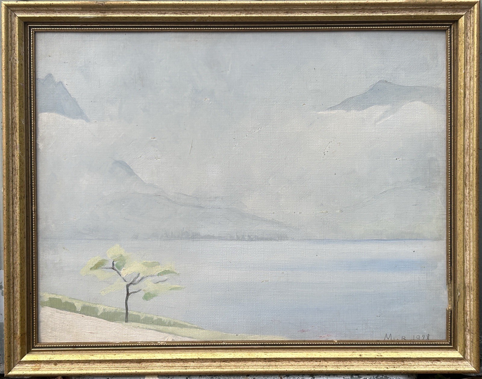 Original French Impressionist Antique Oil Painting Mountain Sky Landscape Framed