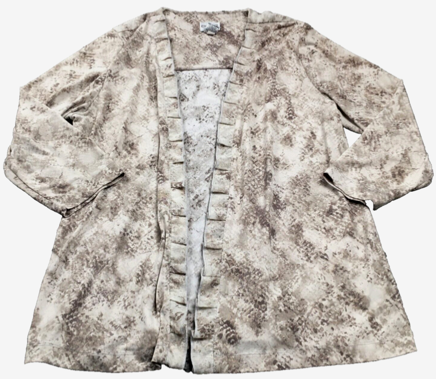 Chico\'s Womens Jacket Sz 2 US 12 Animal Print Ruffle Trim Open Front Stretch
