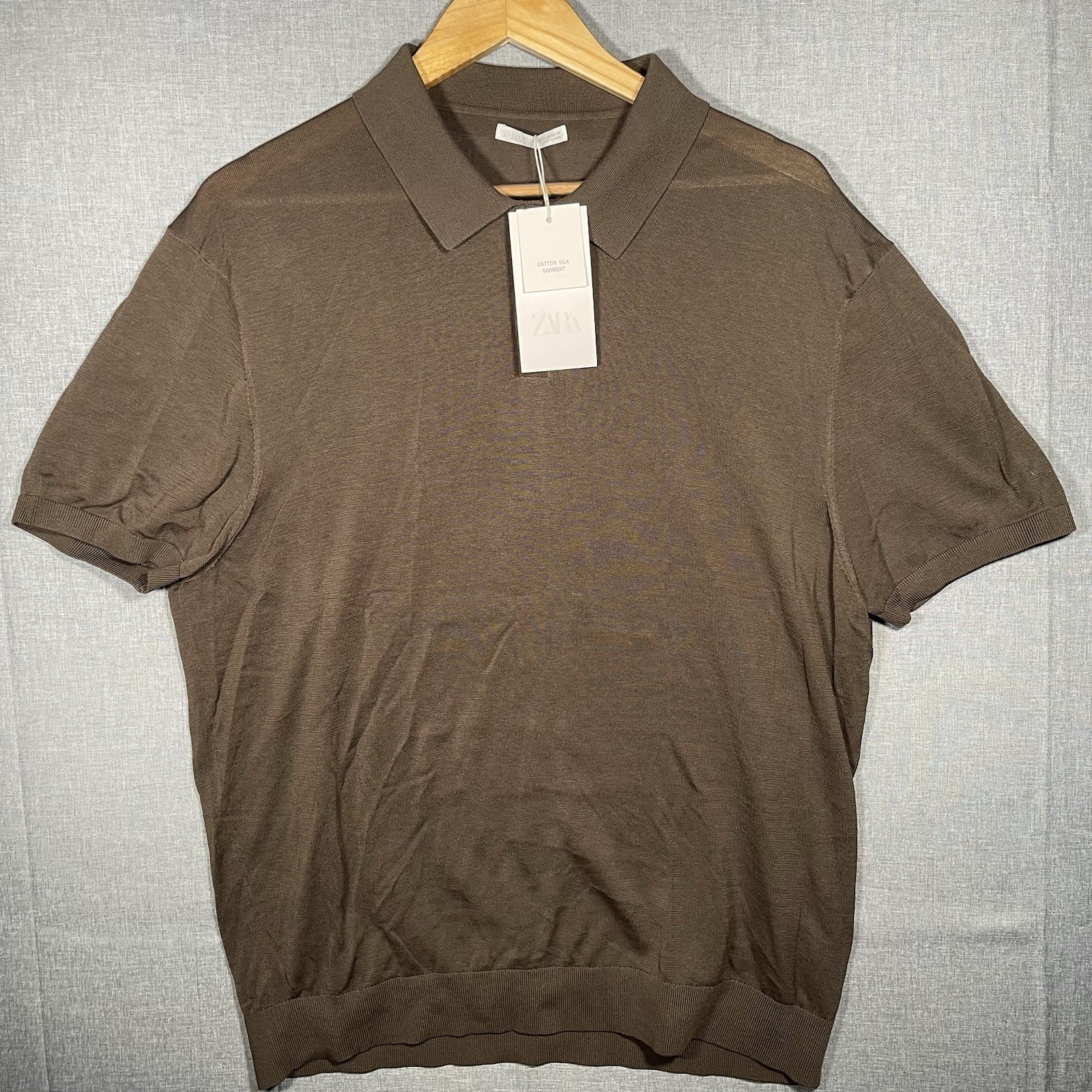 NWT Zara Men XL Polo Shirt Cotton Silk Garment Brown Short Sleeve Knit Pullover