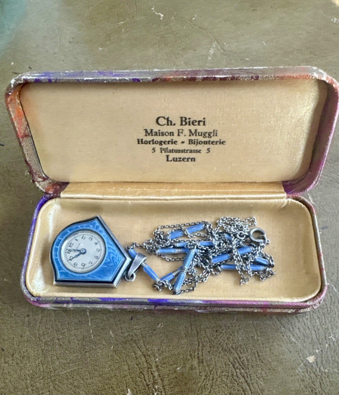 RARE Depor Antique 1920s Watch Necklace Enamel Station Chain Original Box As-Is