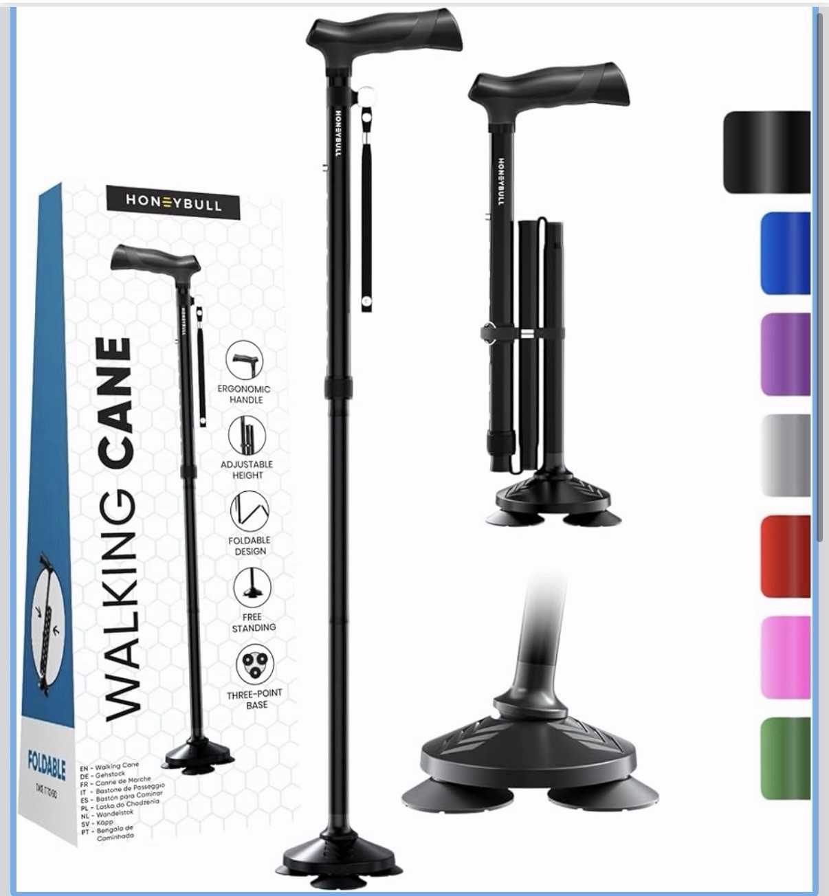 HONEYBULL Walking Cane for Men & Women - Foldable, Adjustable, Collapsible.