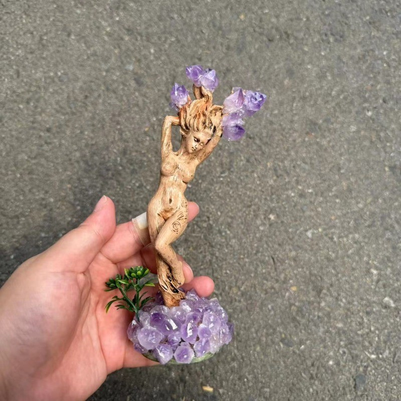 Natural Amethyst Cluster Tree Goddess Dryad Carving Crystal Healing Home Decor