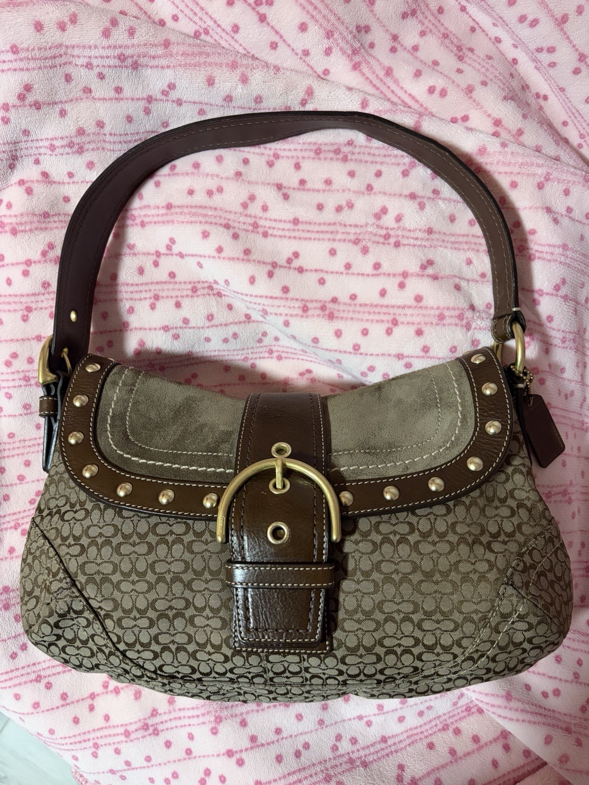 Coach Soho Large Studded Brown Signature Canvas Suede Bag Coach Soho Large Studded Brown Signature Canvas Suede Bag