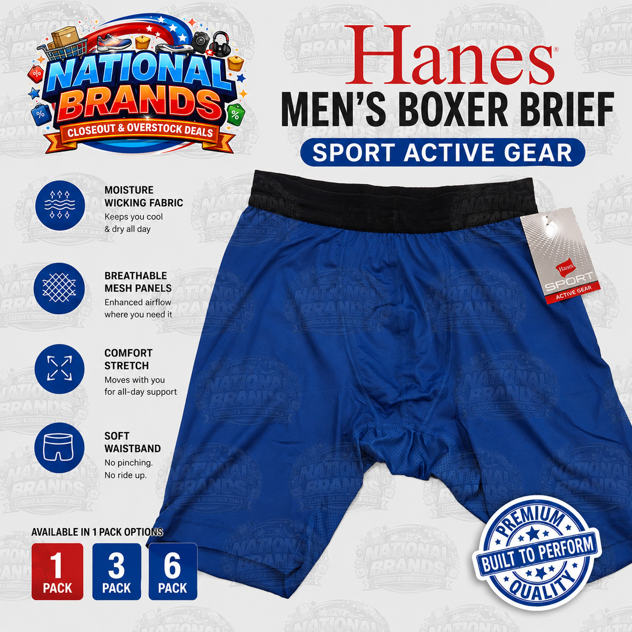 Hanes Men\'s Boxer Brief Sport Active Gear Available in 1 , 3 and 6 Pack - Blue