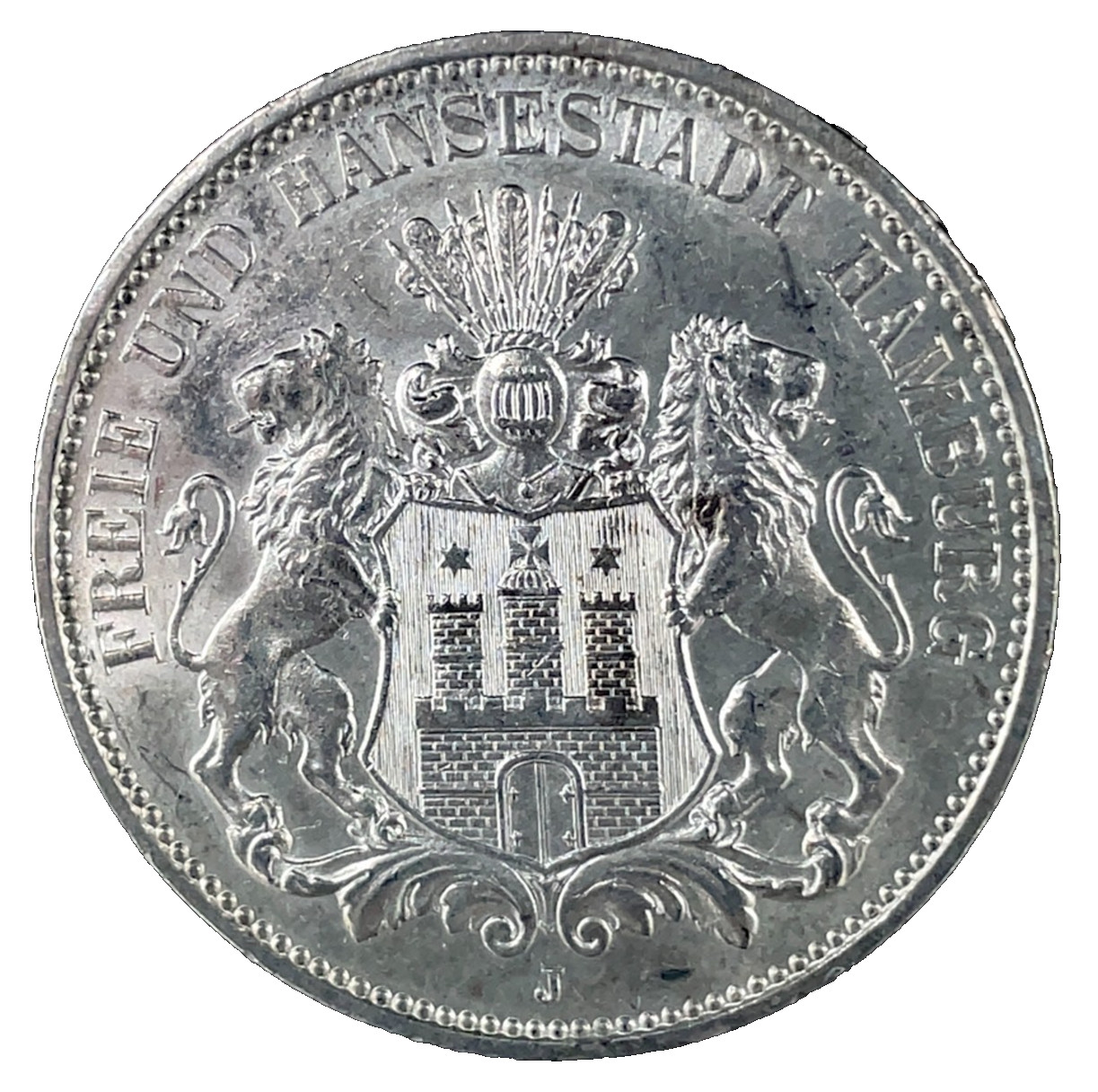 1914-J German Empire Free City of Hamburg Silver 3 Mark BU-Unc. Coin KM#620