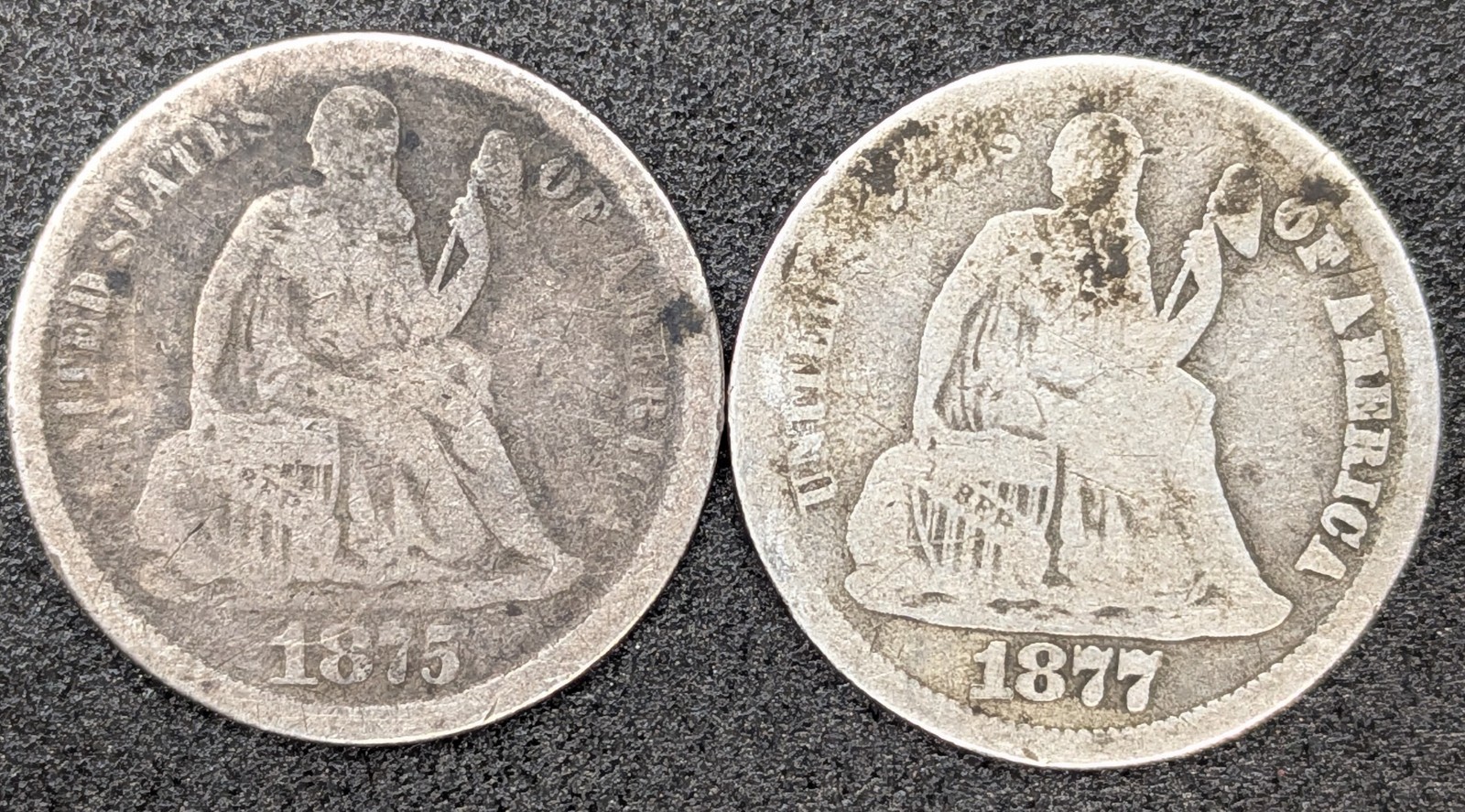 1875-CC and 1877-CC U.S. 10C Seated Liberty Seated Dimes 1875 Above Bow Mint