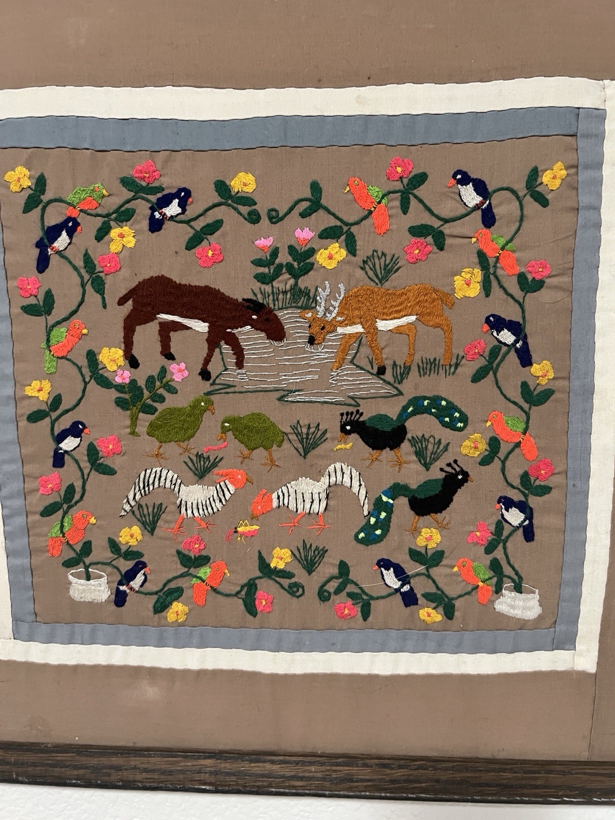 OLD VTG Hand Embroidered Tranquil Animal Scene Framed w/Glass Wall Art UNIQUE