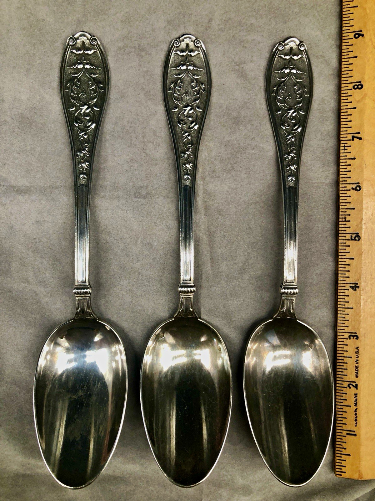 3 Henin & Cie .950 Sterling 1875 Minerva (1) French Acanthus Leaf Silver Spoons 