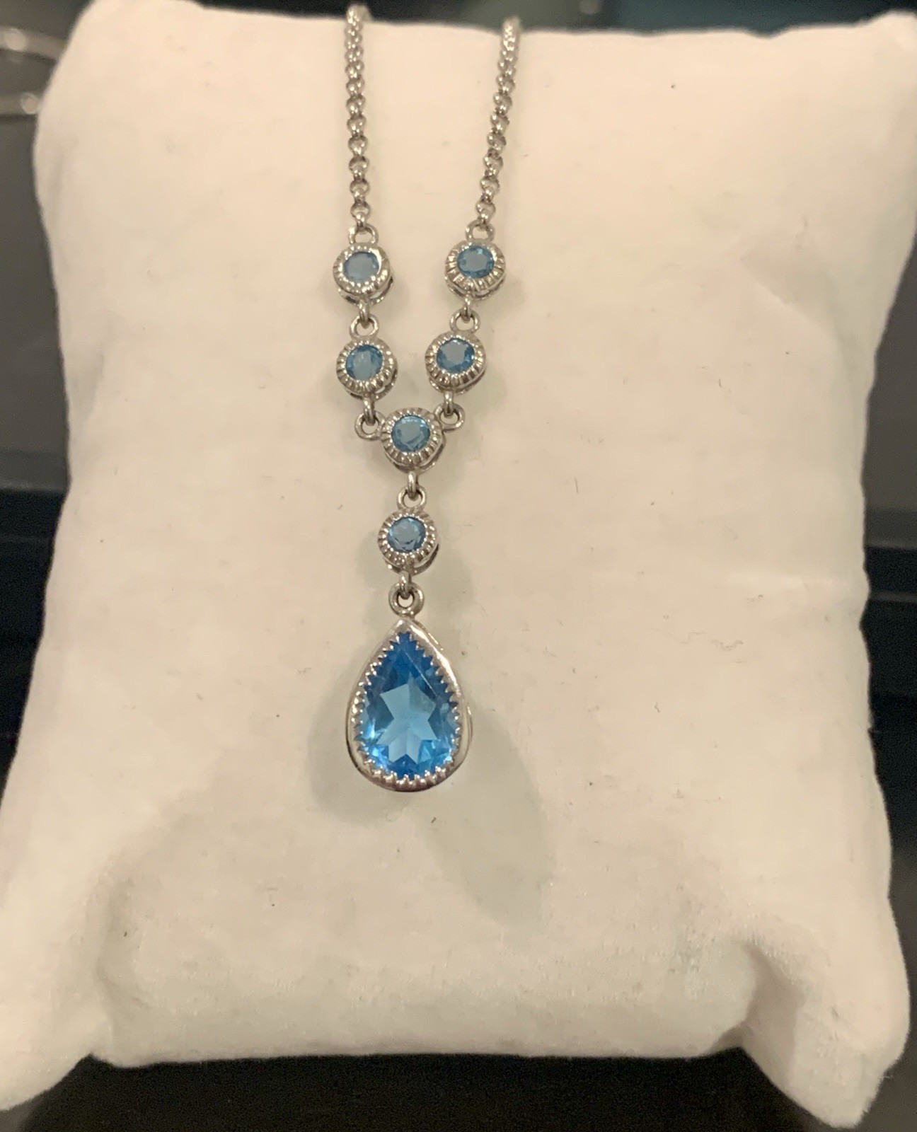 10K White Gold Blue Topaz Pear Cut Lavalier Necklace 18” Excellent Condition